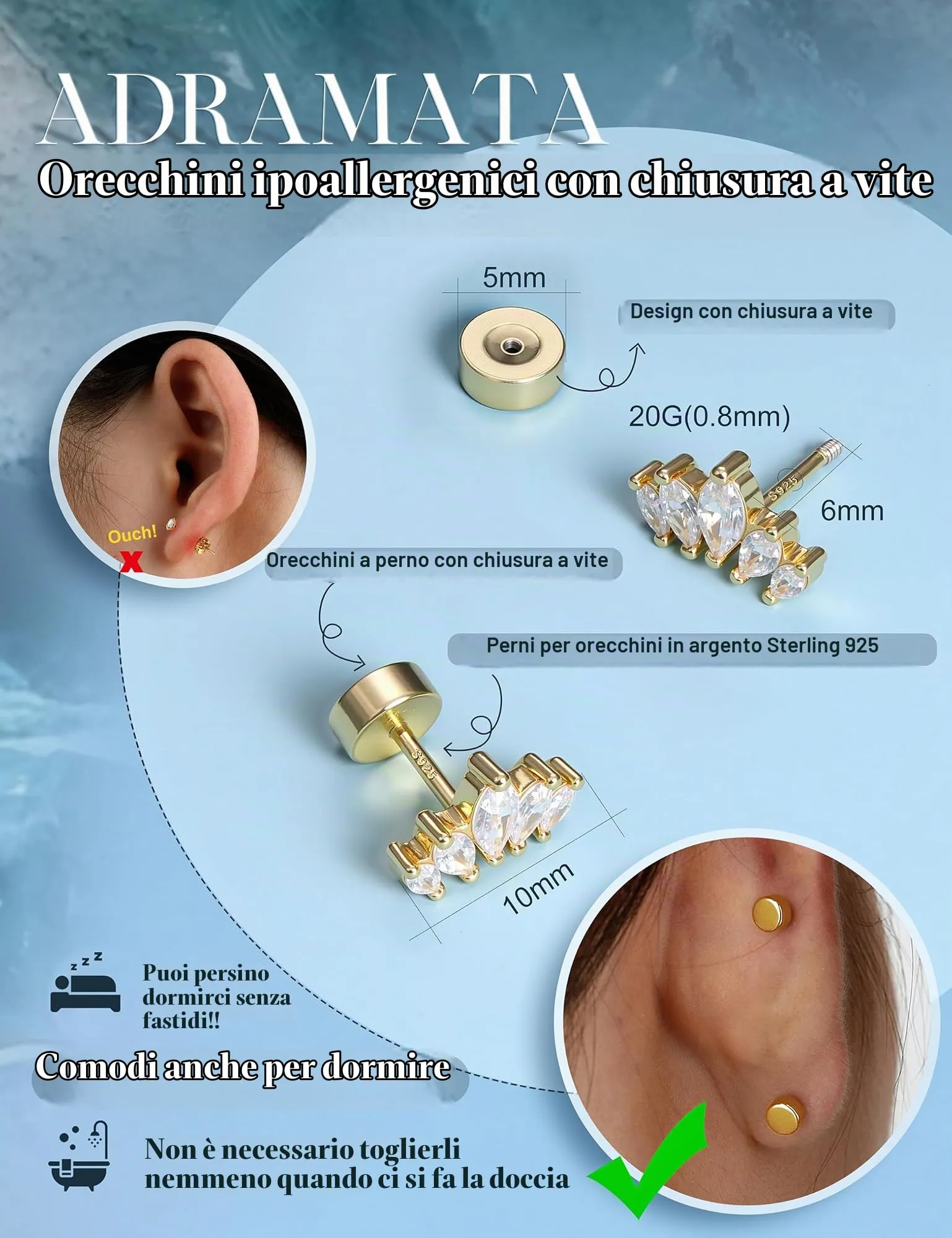 Adramata Orecchini in Argento 925 per Donna Piercing Helix - immagine 3
