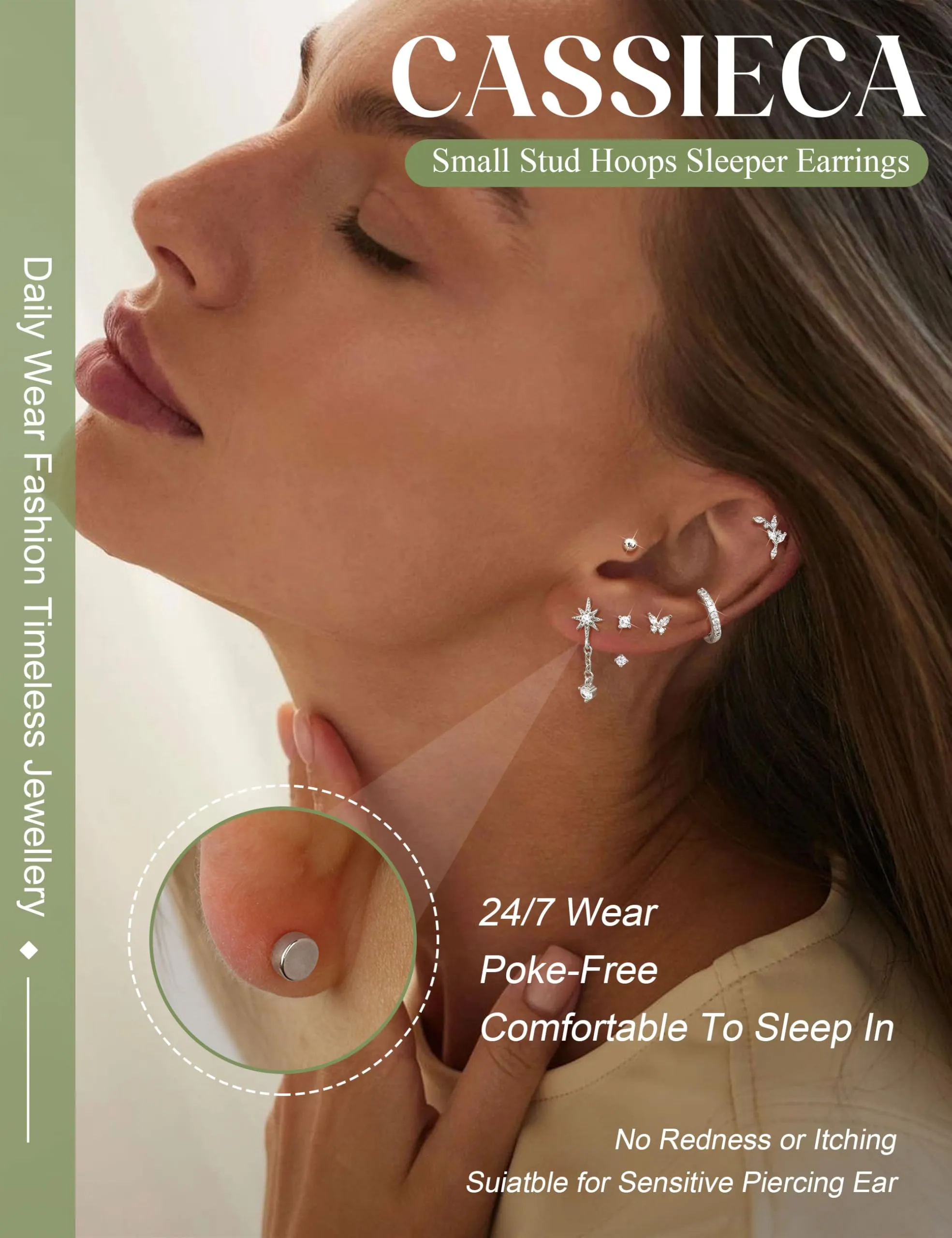 CASSIECA Set 21 Pezzi Orecchini Donna in Acciaio Chirurgico Argento per Piercing Helix, Trago e Conch - immagine 2