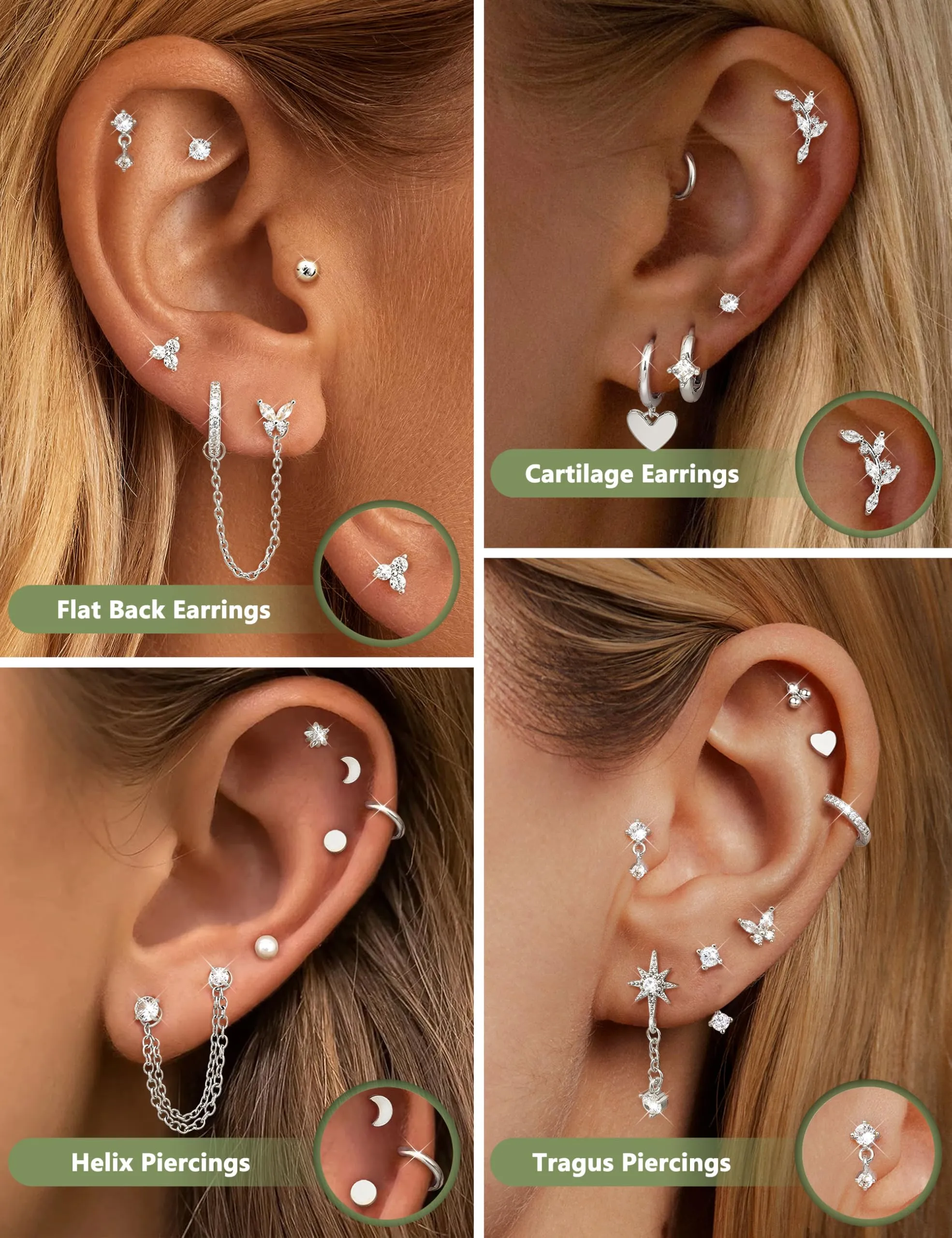 CASSIECA Set 21 Pezzi Orecchini Donna in Acciaio Chirurgico Argento per Piercing Helix, Trago e Conch - immagine 3