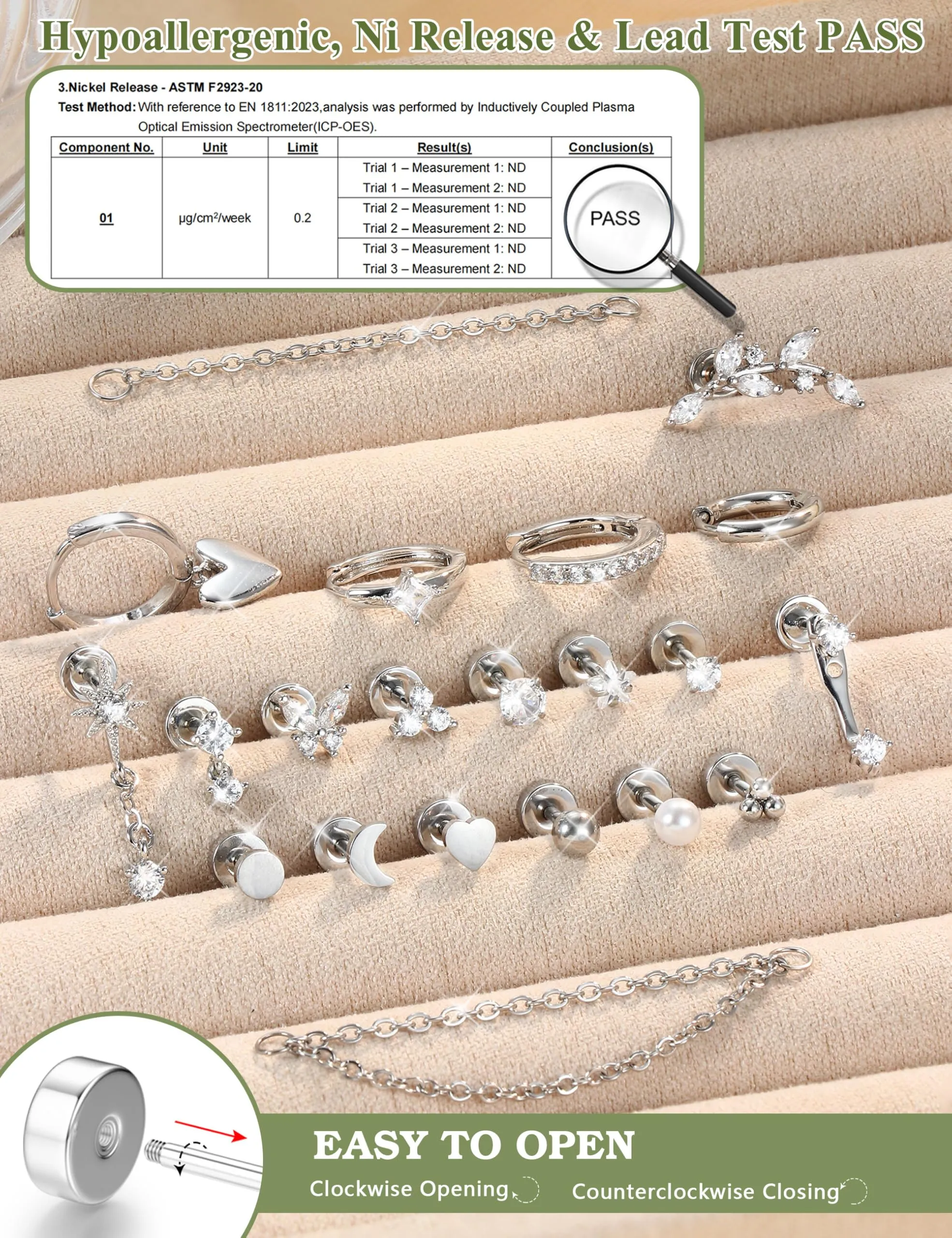 CASSIECA Set 21 Pezzi Orecchini Donna in Acciaio Chirurgico Argento per Piercing Helix, Trago e Conch - immagine 4