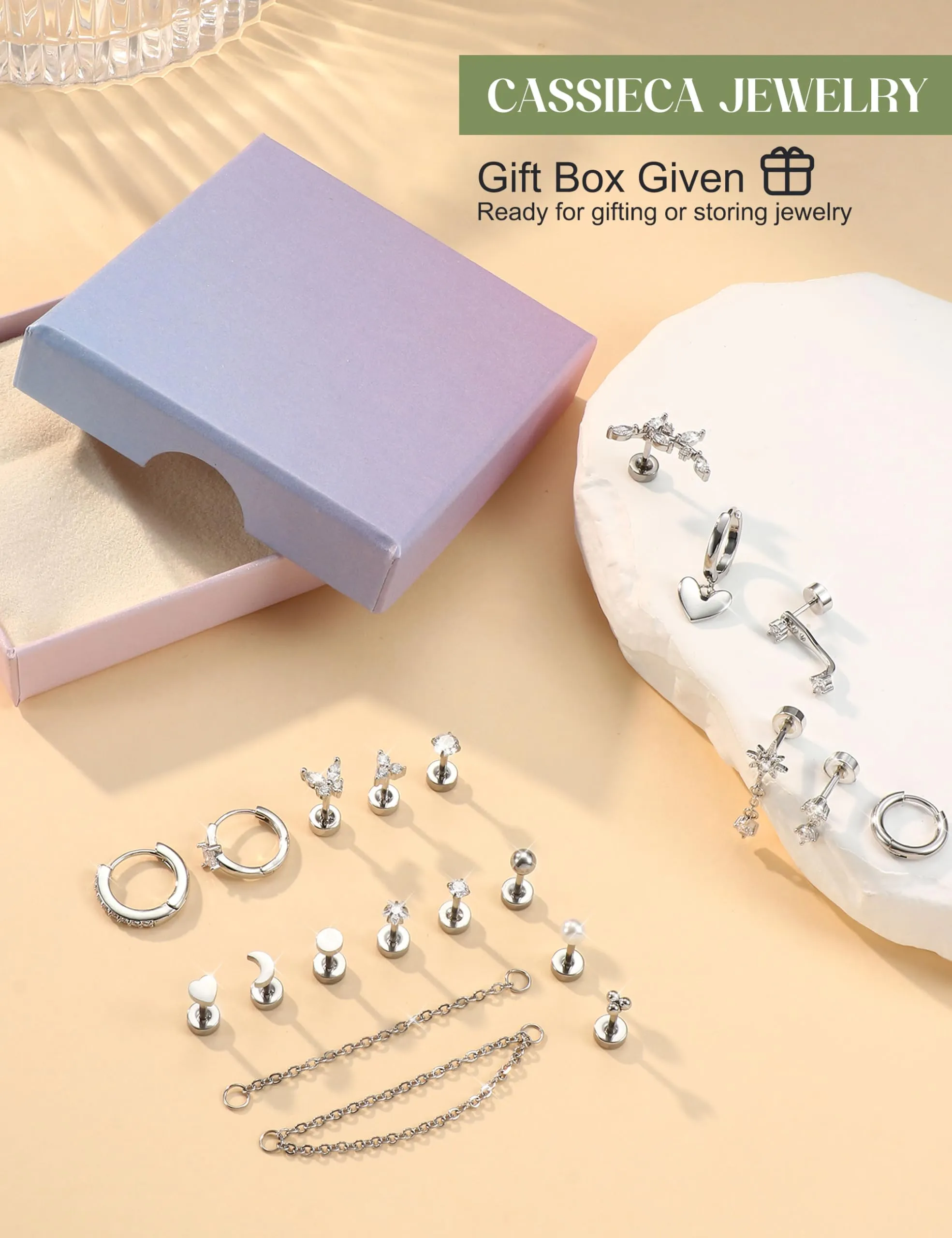 CASSIECA Set 21 Pezzi Orecchini Donna in Acciaio Chirurgico Argento per Piercing Helix, Trago e Conch - immagine 7