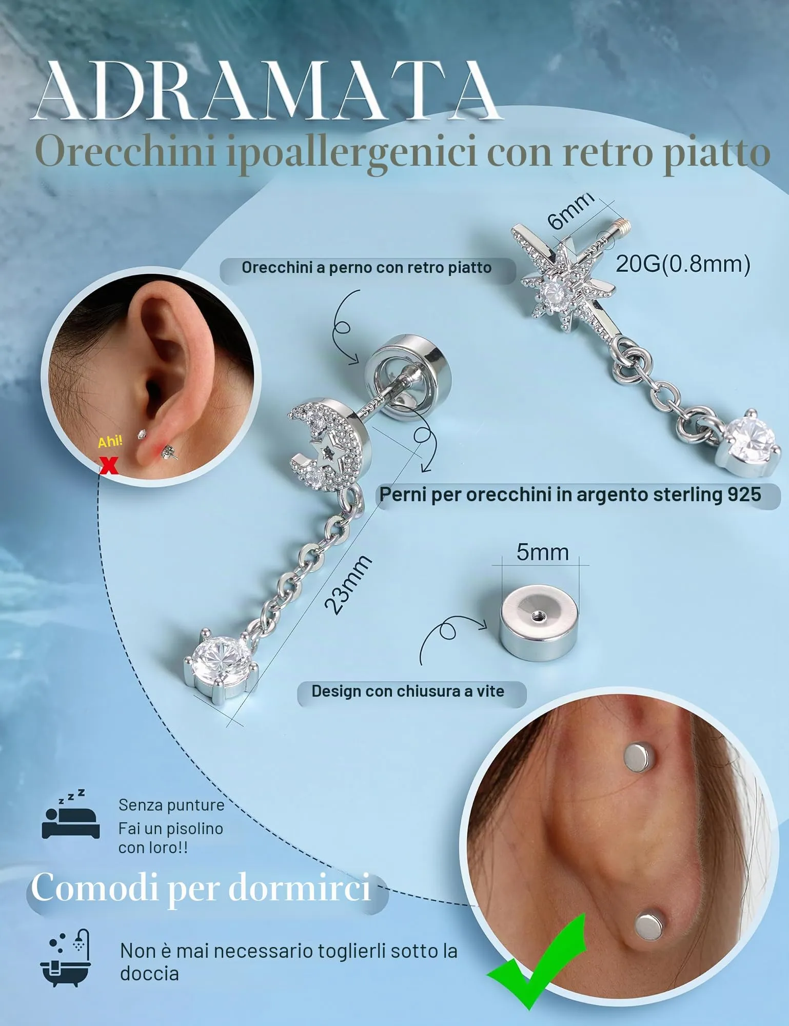 Adramata Orecchini in Argento 925 per Donna, Piercing Helix - immagine 3