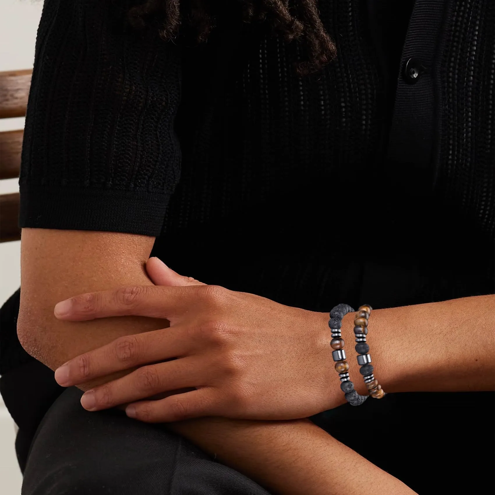 RANKEEF Set di Bracciali con Perline da Uomo in Occhio di Tigre, Agata Nera e Roccia Lavica - immagine 2