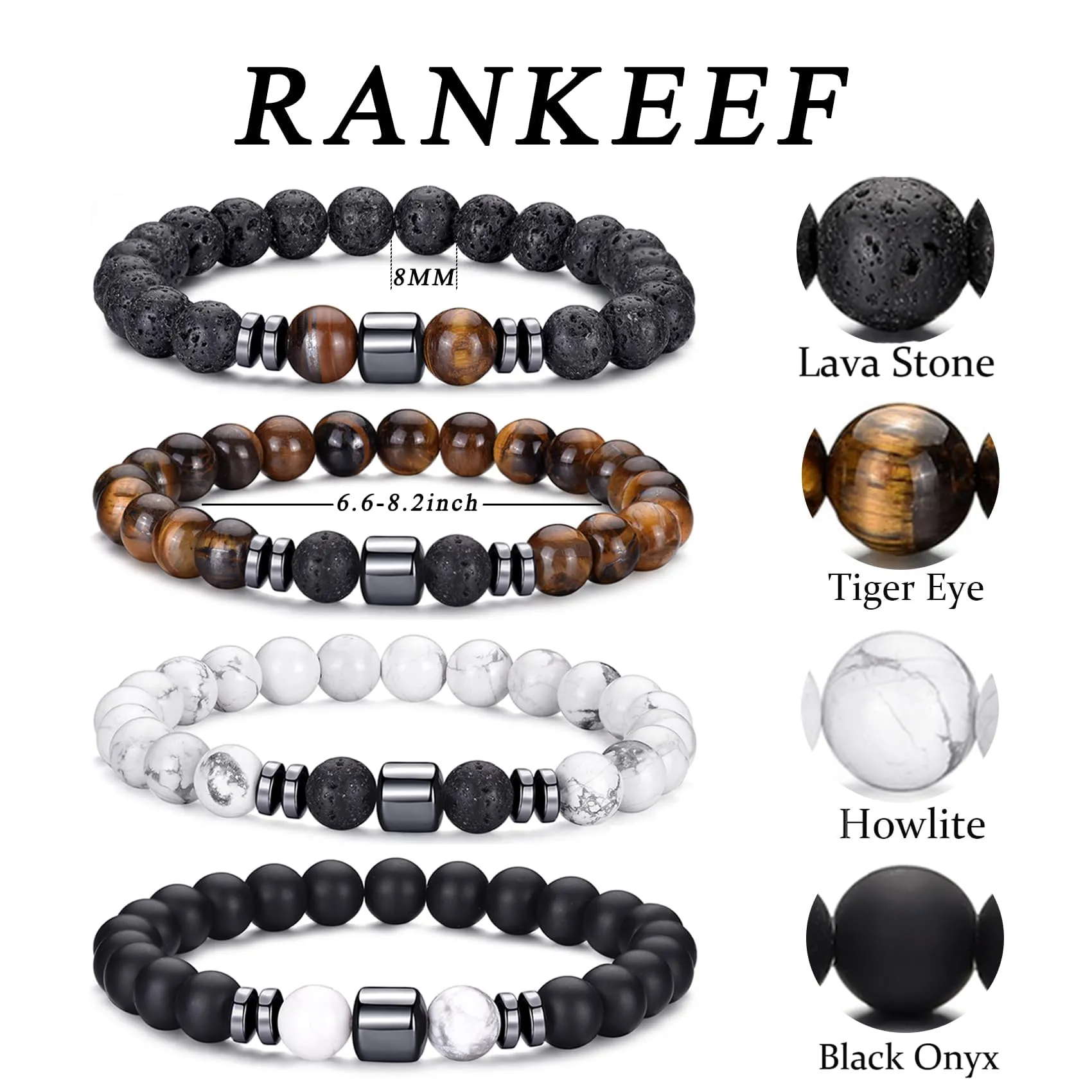 RANKEEF Set di Bracciali con Perline da Uomo in Occhio di Tigre, Agata Nera e Roccia Lavica - immagine 3