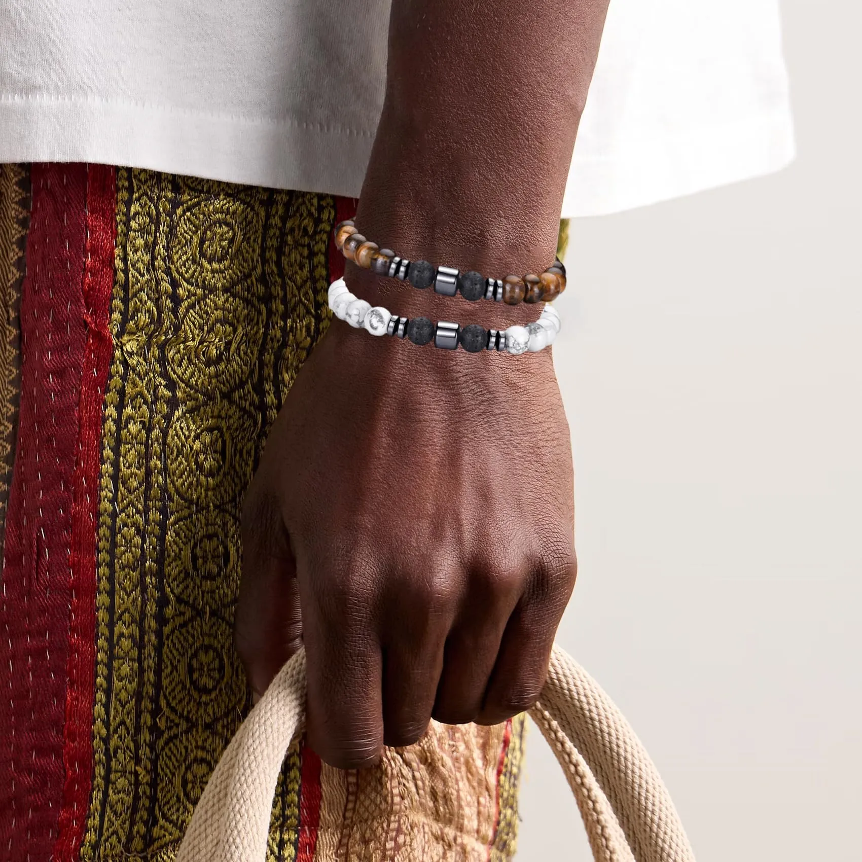 RANKEEF Set di Bracciali con Perline da Uomo in Occhio di Tigre, Agata Nera e Roccia Lavica - immagine 4