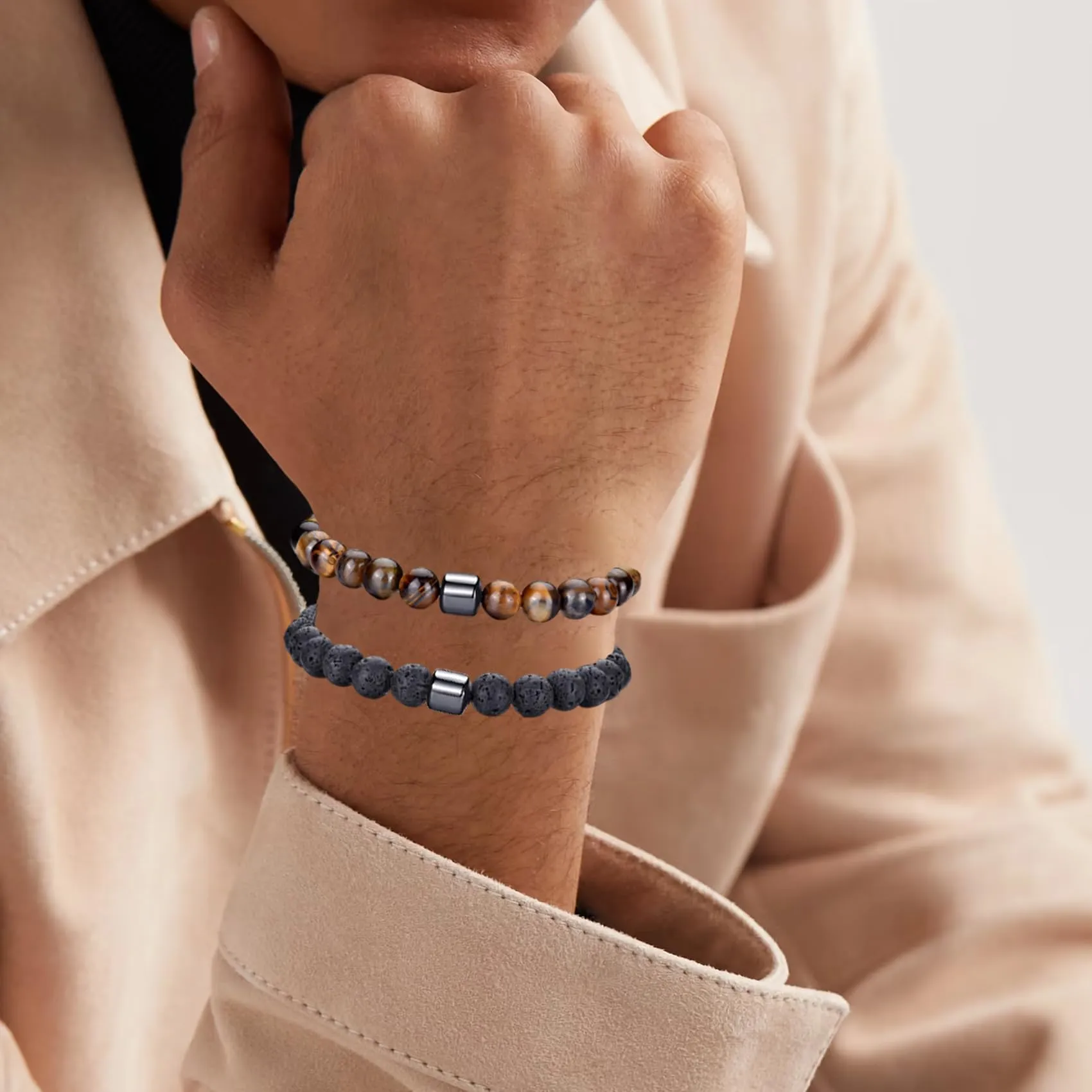 RANKEEF Set di Bracciali con Perline da Uomo in Occhio di Tigre e Roccia Lavica - immagine 2