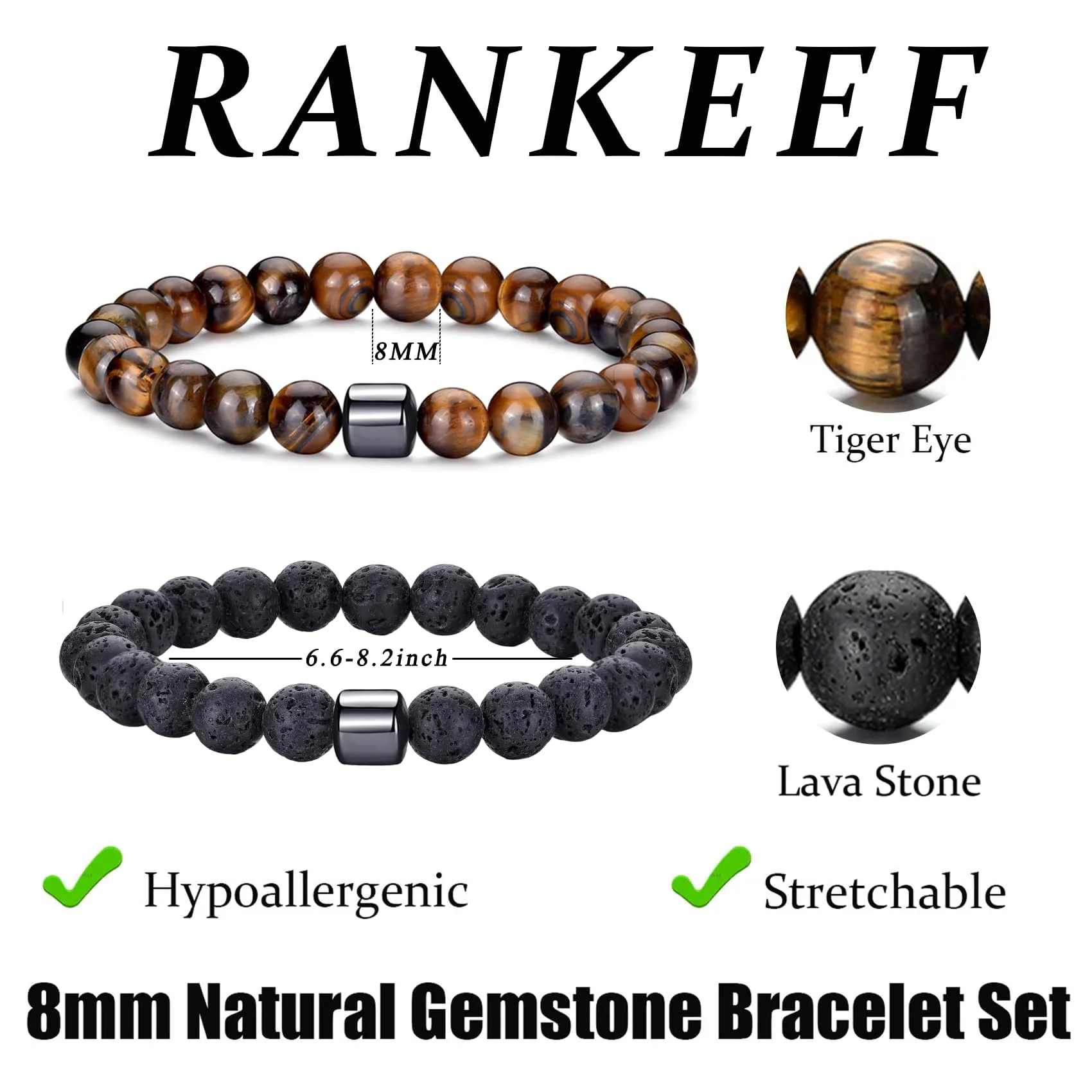 RANKEEF Set di Bracciali con Perline da Uomo in Occhio di Tigre e Roccia Lavica - immagine 3