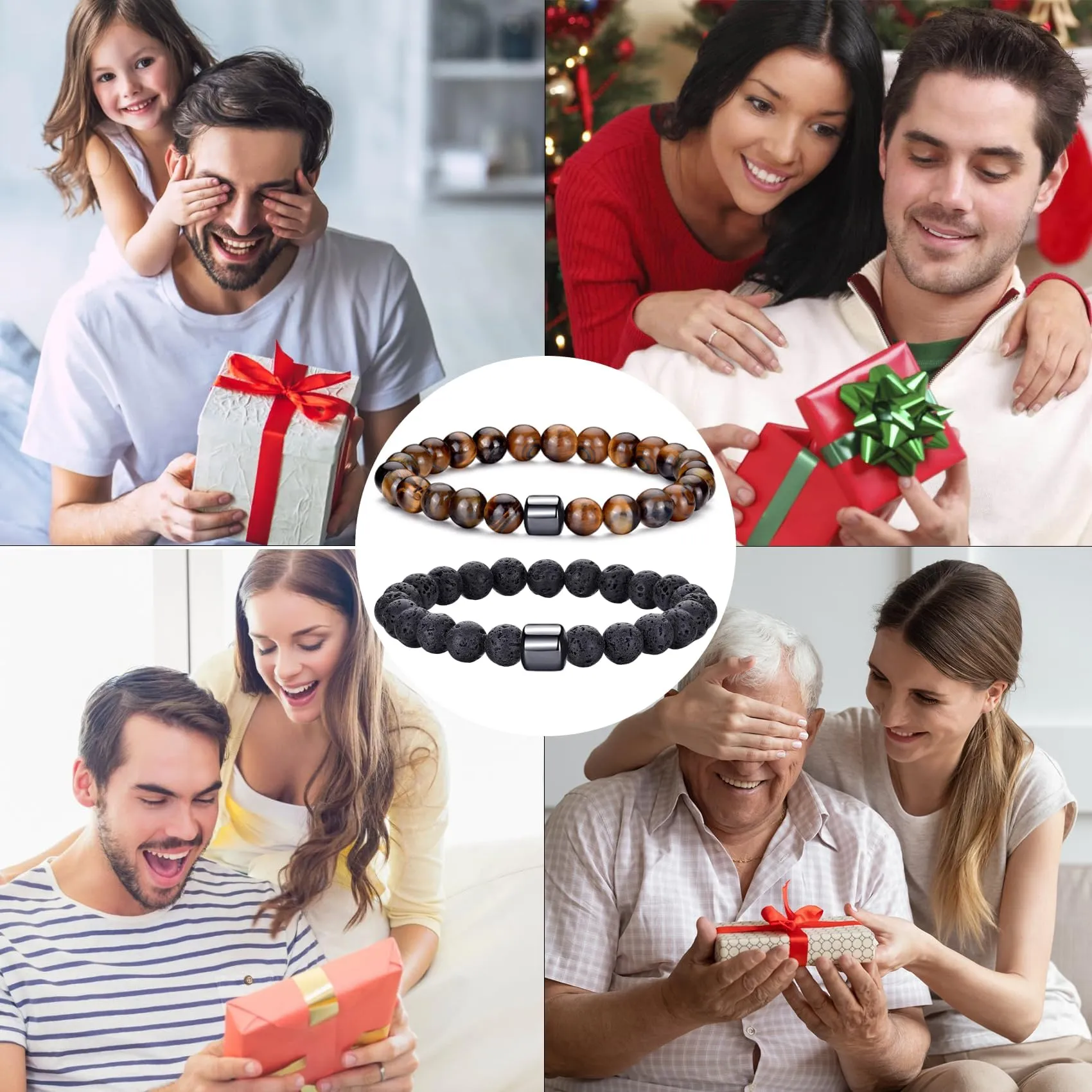 RANKEEF Set di Bracciali con Perline da Uomo in Occhio di Tigre e Roccia Lavica - immagine 6