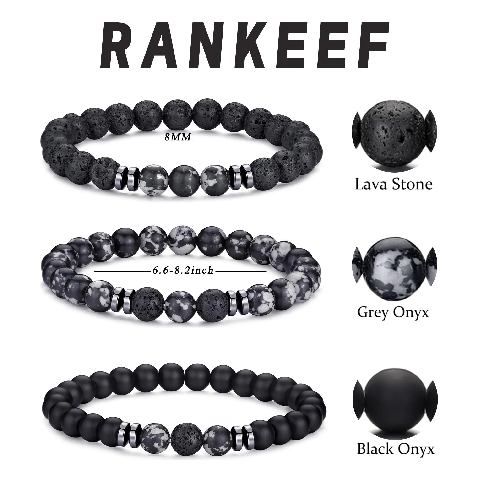 RANKEEF Set di Bracciali con Perline in Occhio di Tigre, Agata Nera e Roccia Lavica per Uomo e Donna - immagine 3