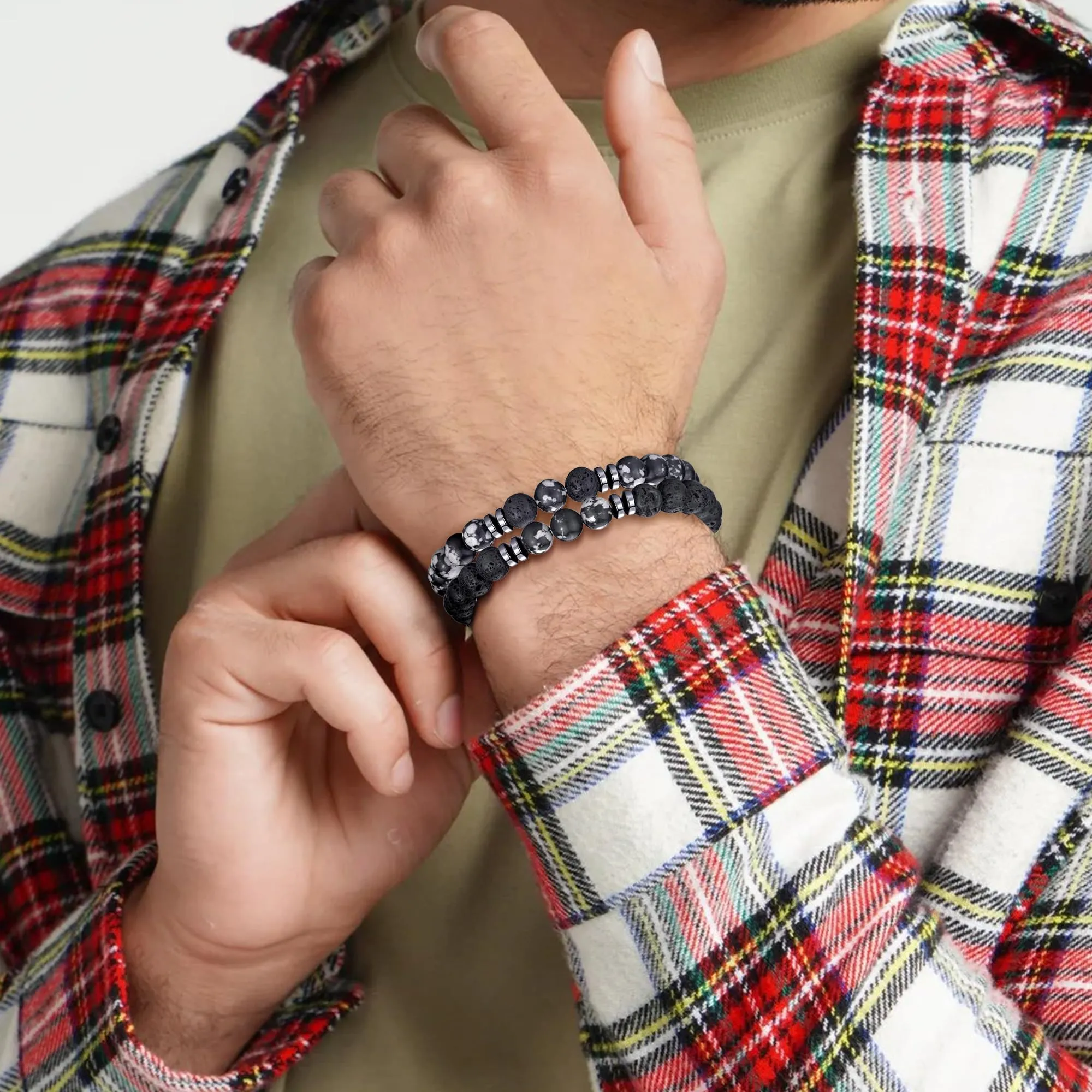 RANKEEF Set di Bracciali con Perline in Occhio di Tigre, Agata Nera e Roccia Lavica per Uomo e Donna - immagine 4
