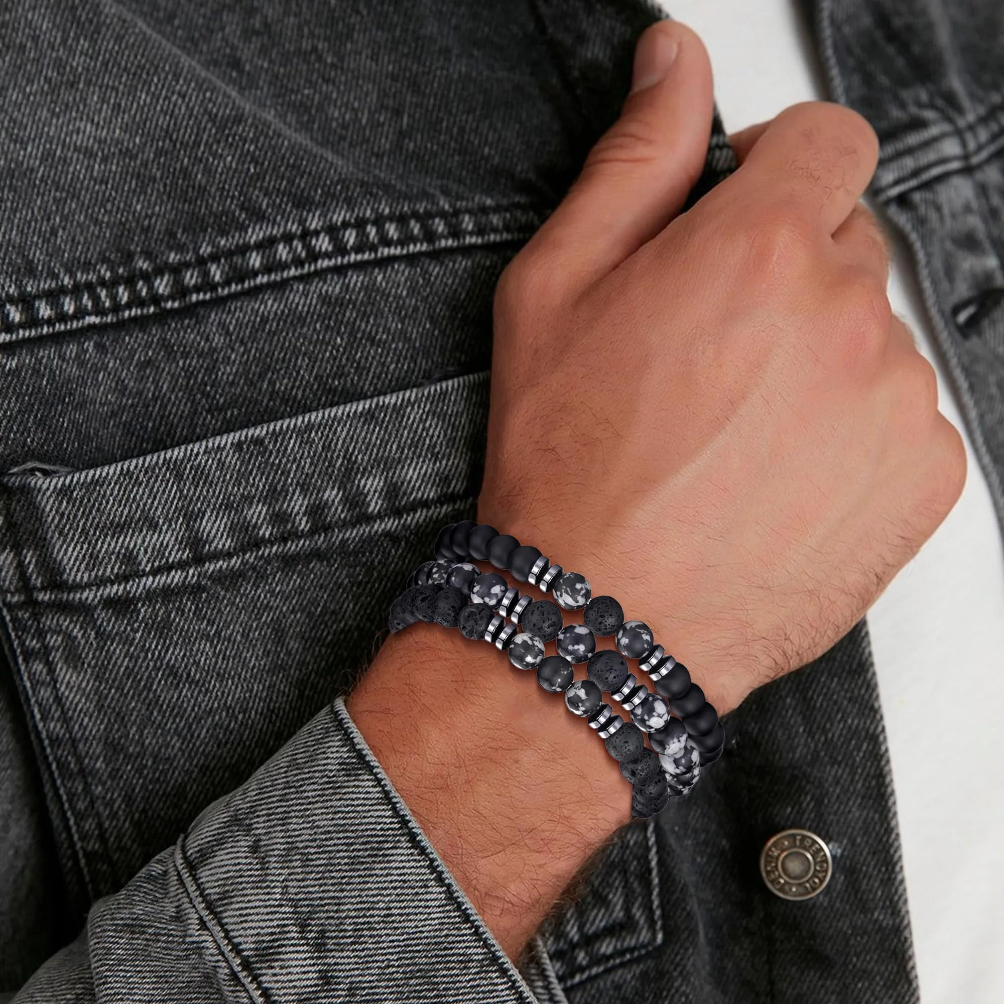 RANKEEF Set di Bracciali con Perline in Occhio di Tigre, Agata Nera e Roccia Lavica per Uomo e Donna - immagine 5