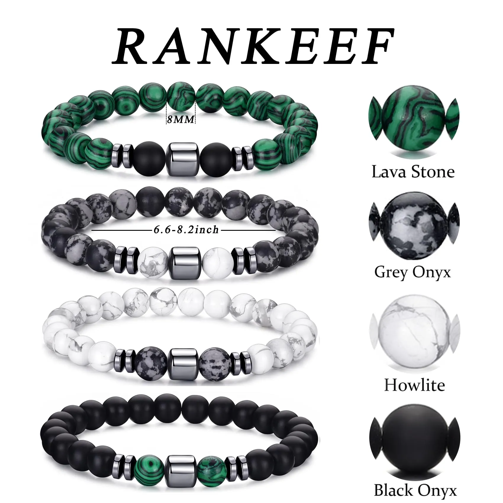 RANKEEF Set di Bracciali con Perline in Occhio di Tigre, Agata Nera e Roccia Lavica per Uomo e Donna - immagine 3