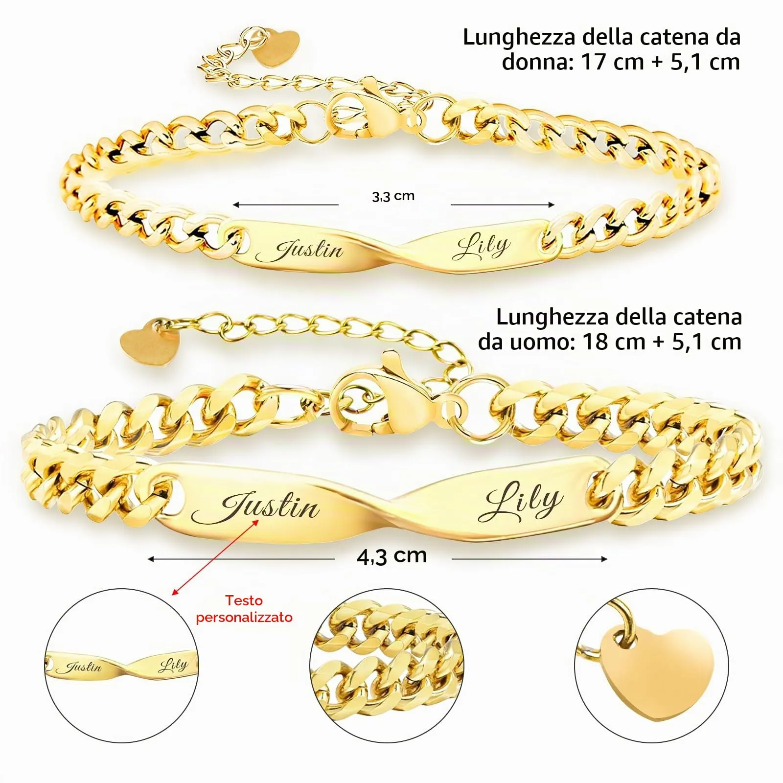 Malihome Set di bracciali a catena per coppie con simbolo dell'infinito personalizzabile (Gold) - immagine 3