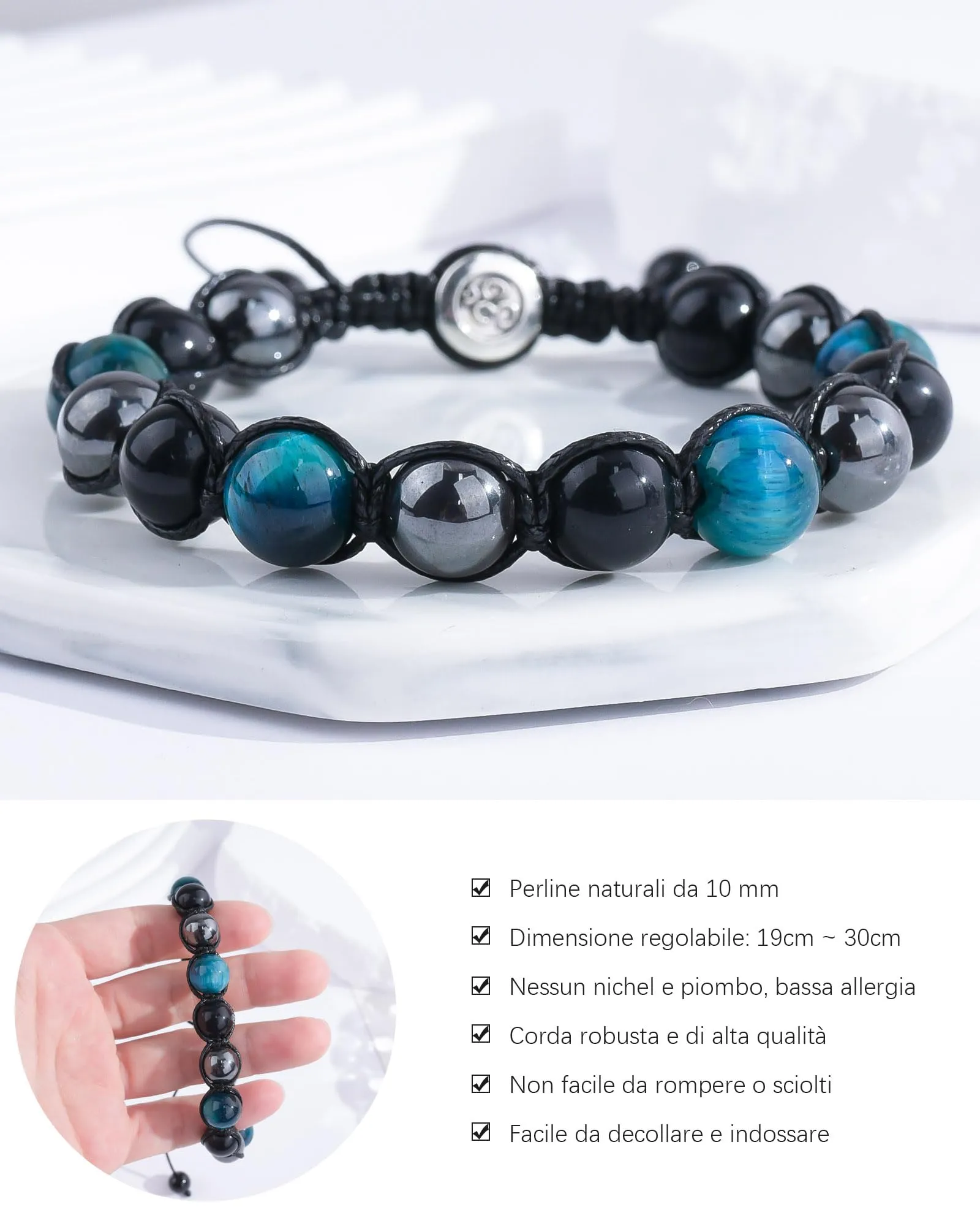 VGWON Bracciale in Pietra Naturale Occhio di Tigre per Papà, Regolabile 7,5-11,8 pollici, Blu - immagine 3