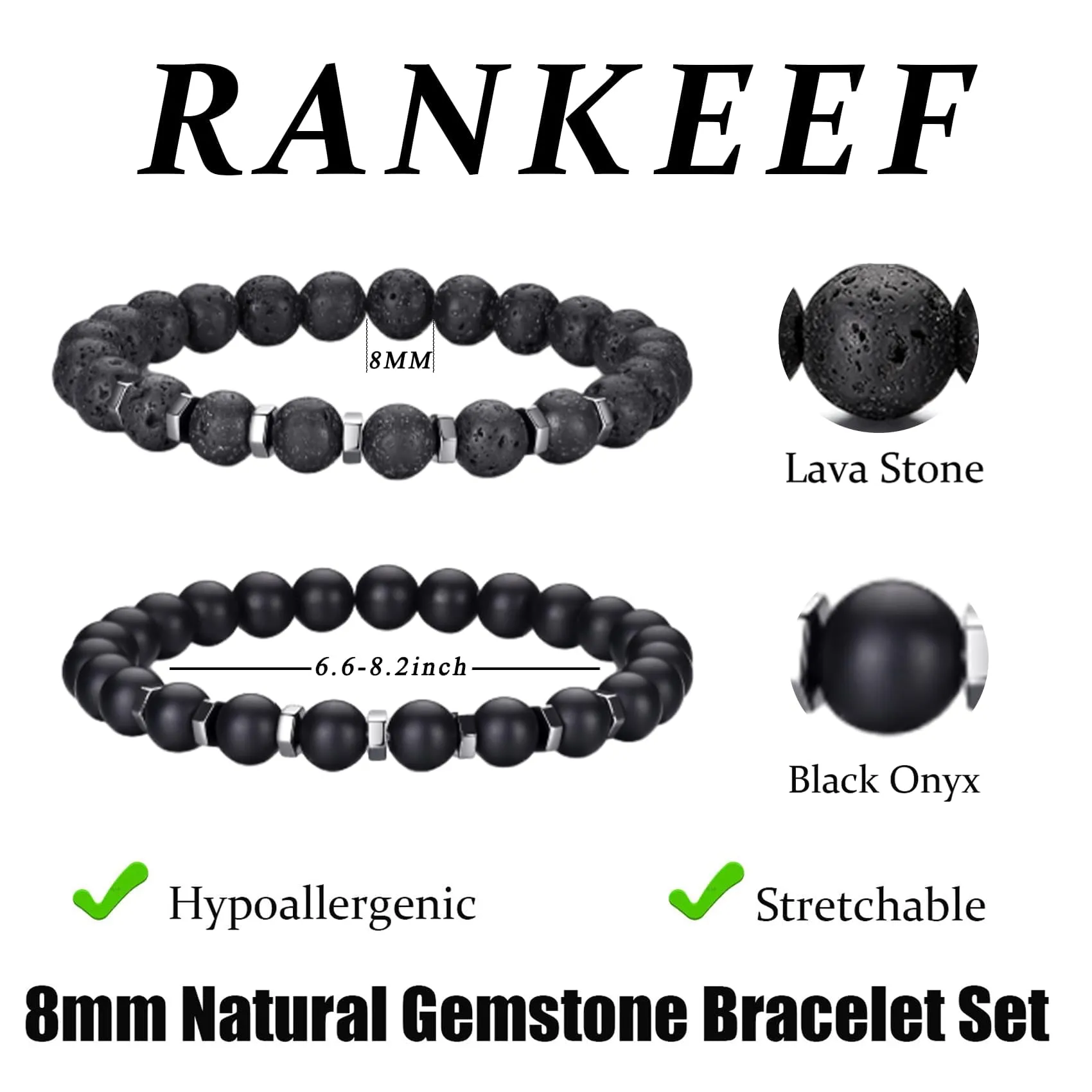 RANKEEF Set di Bracciali con Perline in Occhio di Tigre, Agata Nera e Roccia Lavica per Uomo e Donna - immagine 3