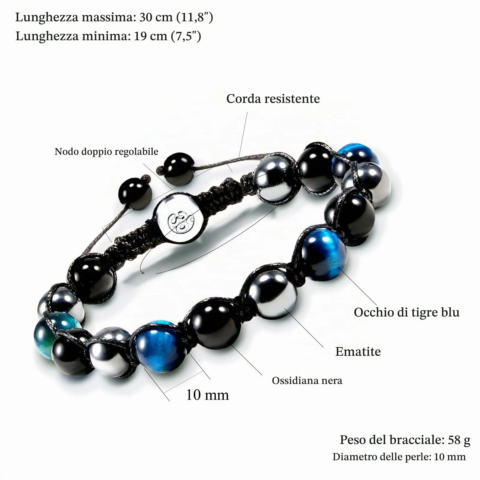 VGWON Bracciale in Pietra Naturale Agata Nera e Occhio di Tigre Blu, 8mm - immagine 2