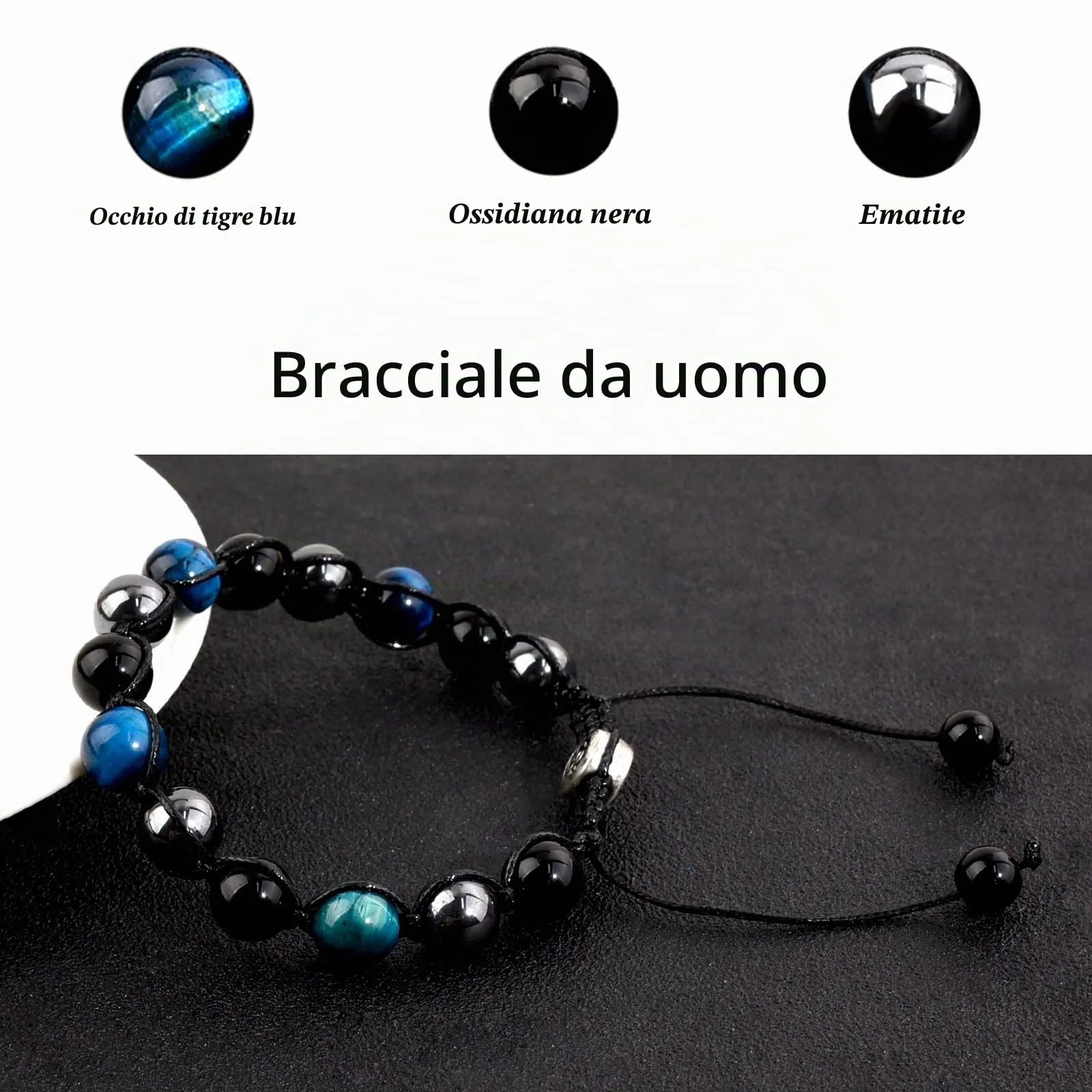 VGWON Bracciale in Pietra Naturale Agata Nera e Occhio di Tigre Blu, 8mm - immagine 3