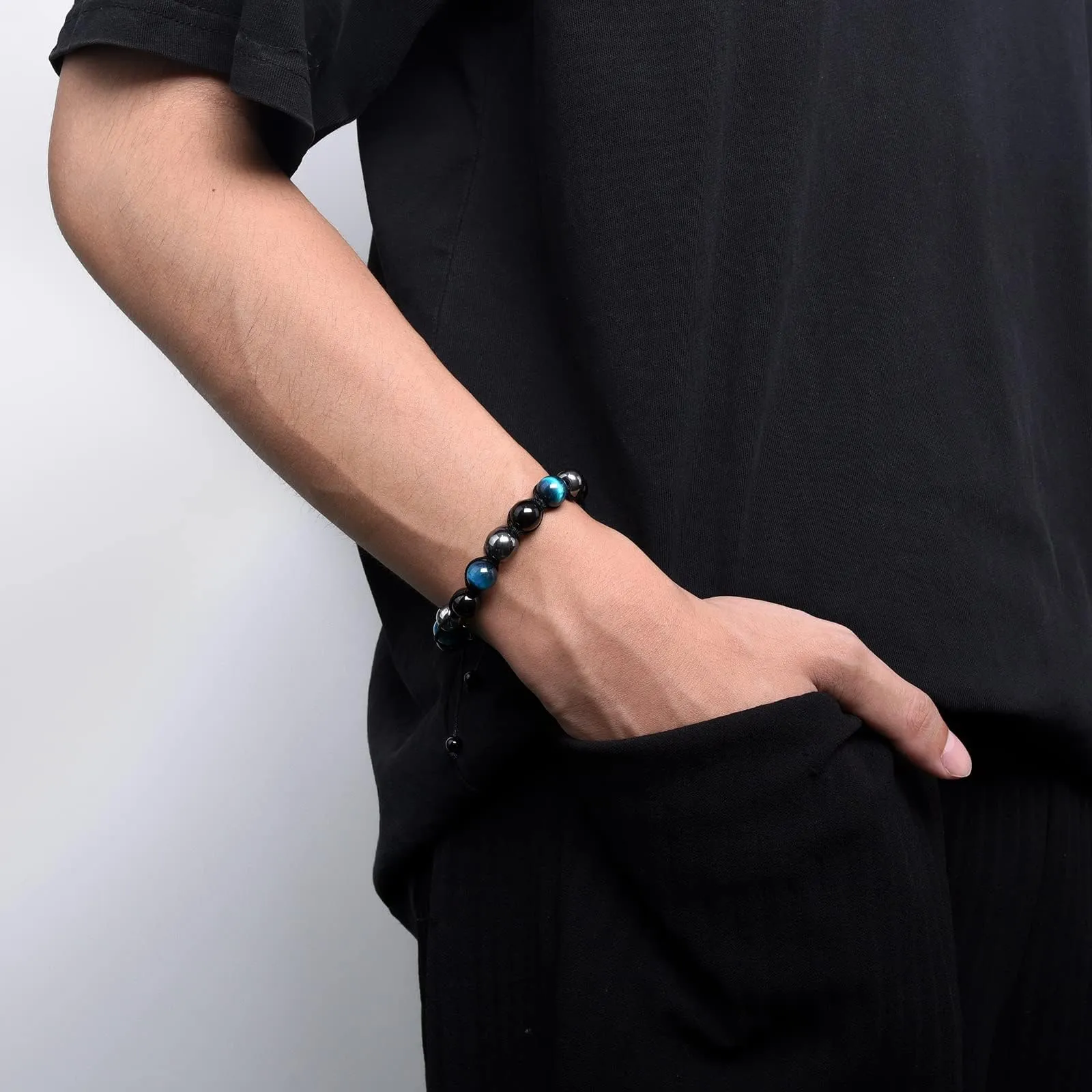 VGWON Bracciale in Pietra Naturale Agata Nera e Occhio di Tigre Blu, 8mm - immagine 7