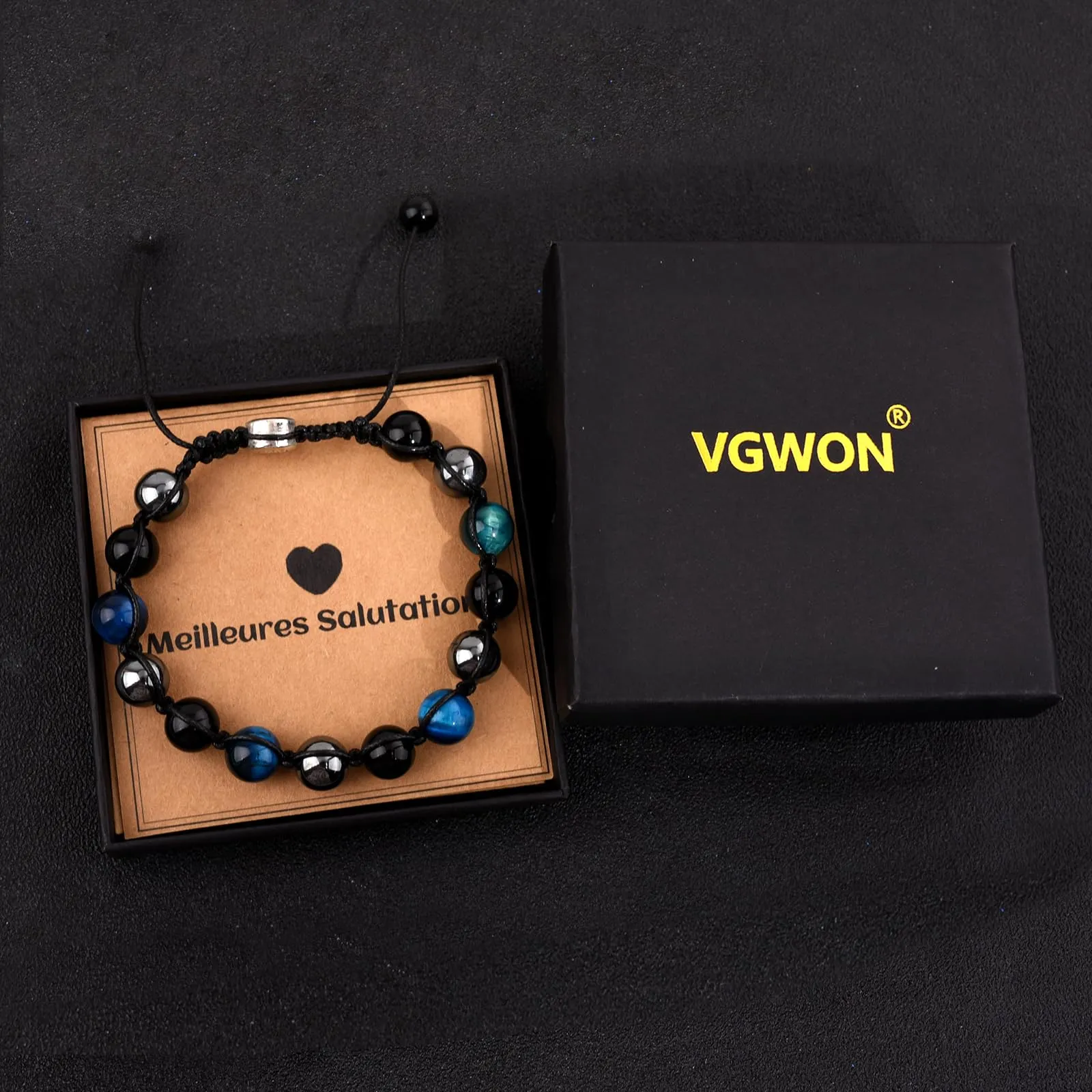 VGWON Bracciale in Pietra Naturale Agata Nera e Occhio di Tigre Blu, 8mm - immagine 4