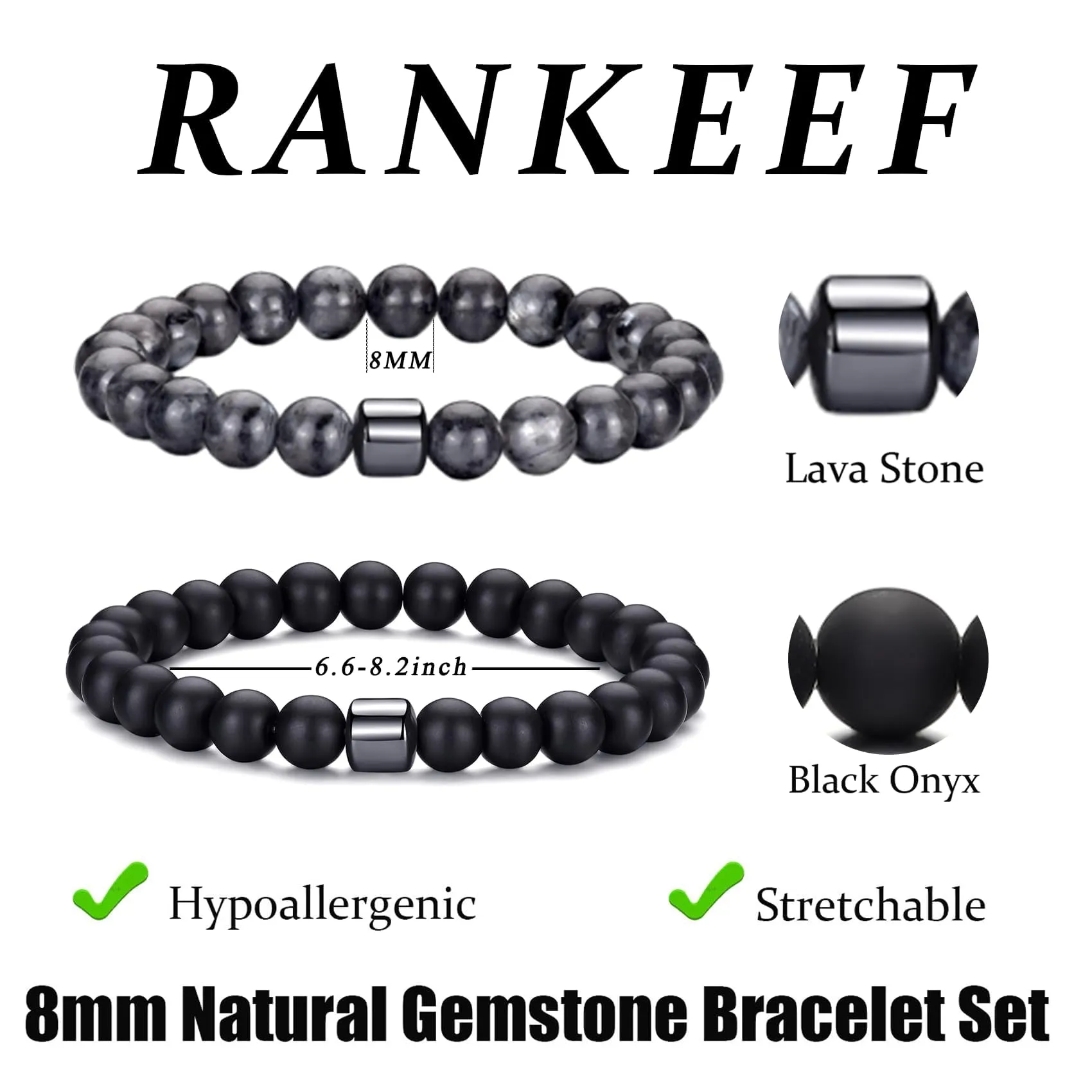 RANKEEF Set di Bracciali con Perline da Uomo in Occhio di Tigre, Agata Nera e Roccia Lavica - immagine 3