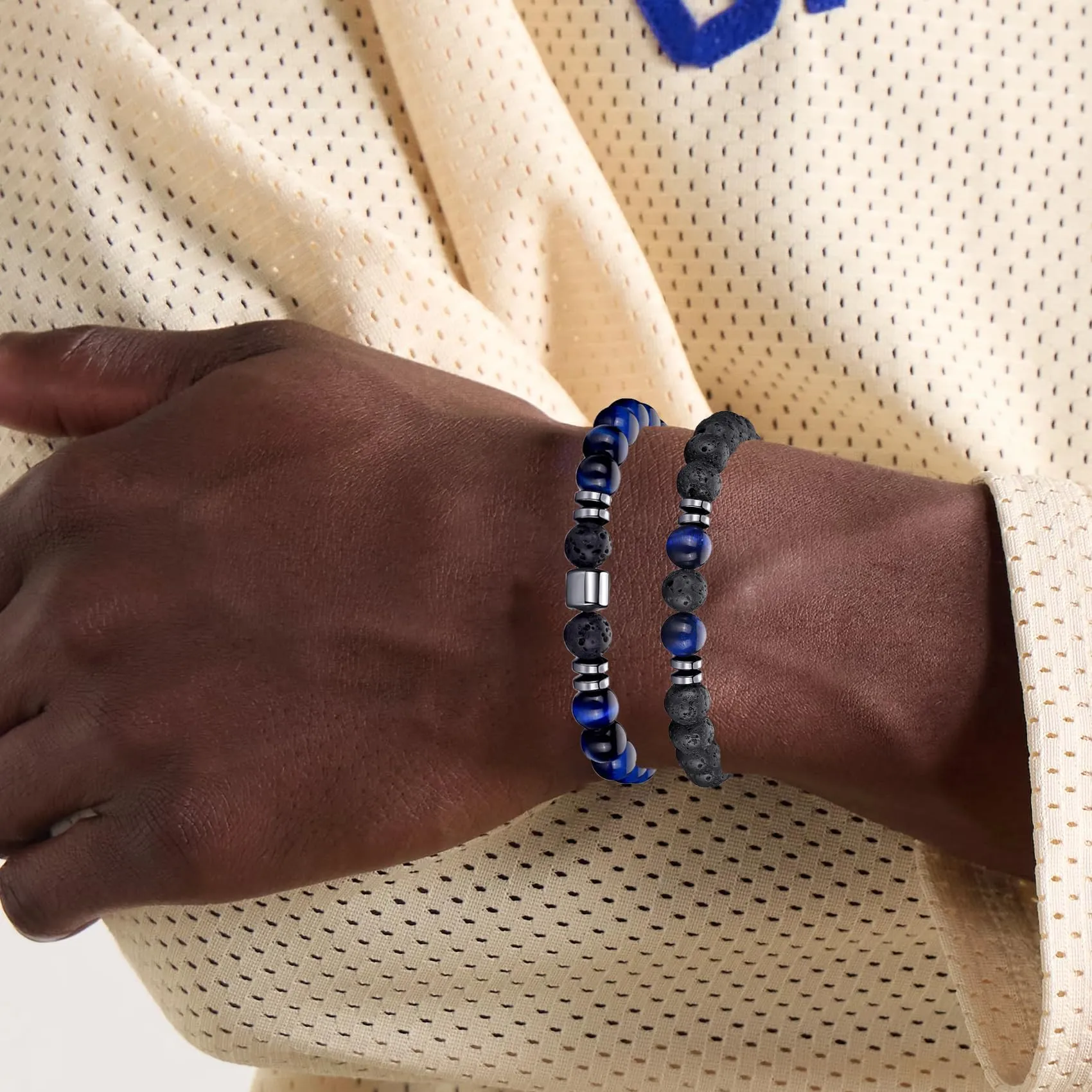 RANKEEF Set di Bracciali con Perline da Uomo in Occhio di Tigre e Agata Nera - immagine 2