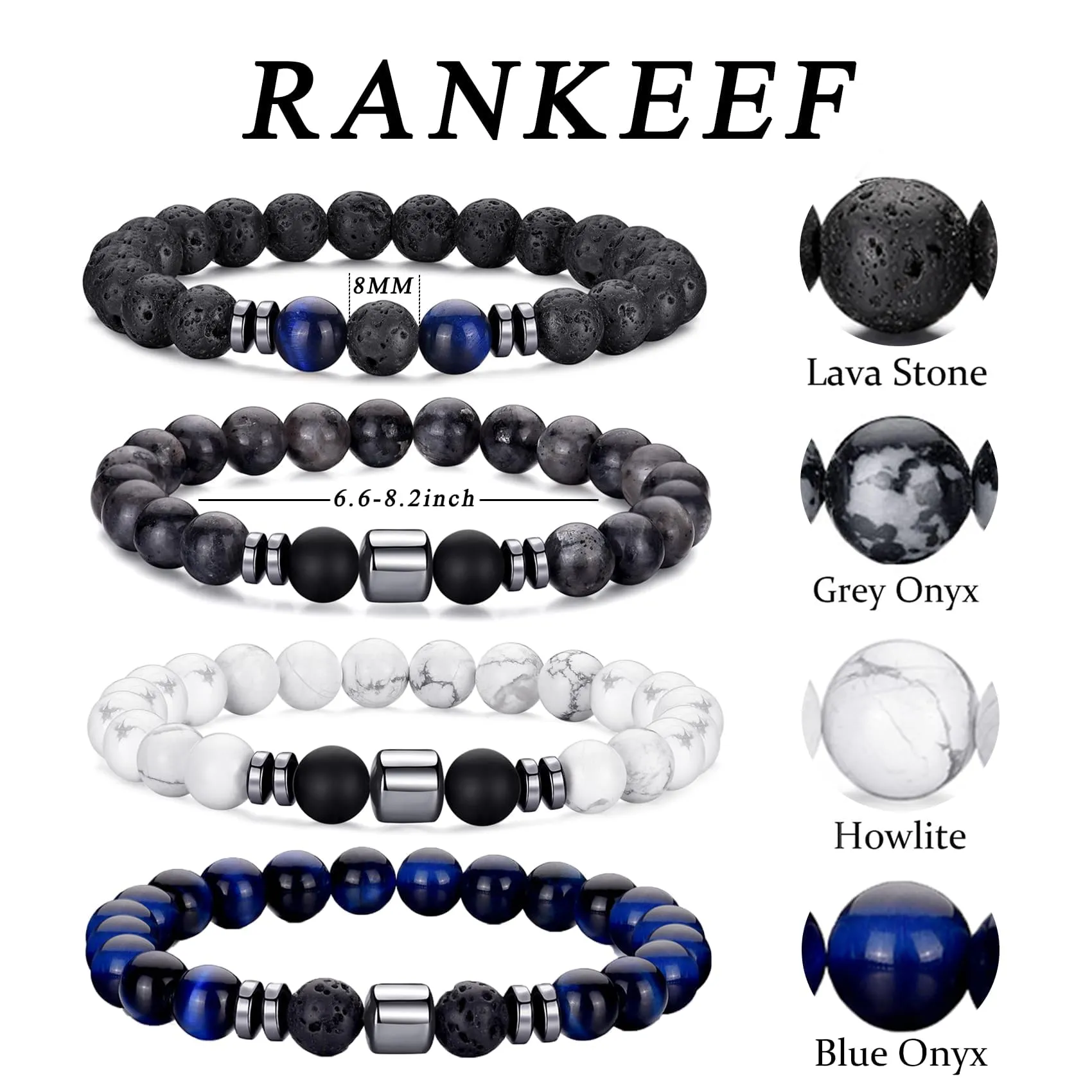 RANKEEF Set di Bracciali con Perline da Uomo in Occhio di Tigre e Agata Nera - immagine 3