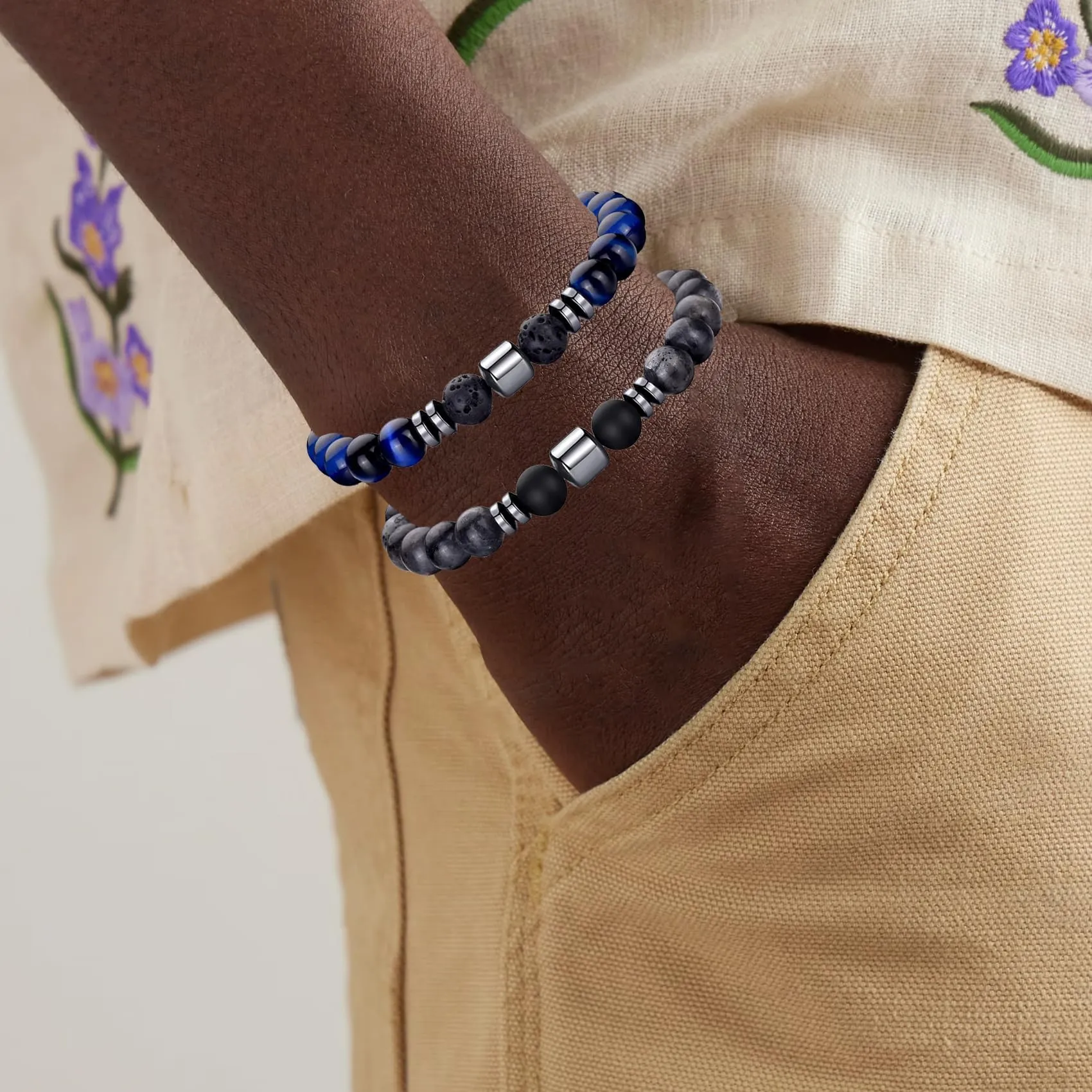RANKEEF Set di Bracciali con Perline da Uomo in Occhio di Tigre e Agata Nera - immagine 4