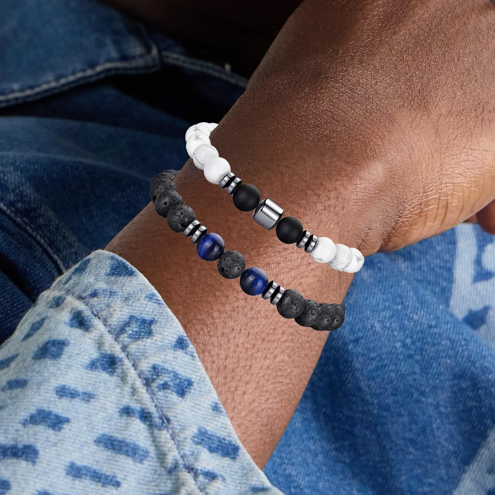 RANKEEF Set di Bracciali con Perline da Uomo in Occhio di Tigre e Agata Nera - immagine 5