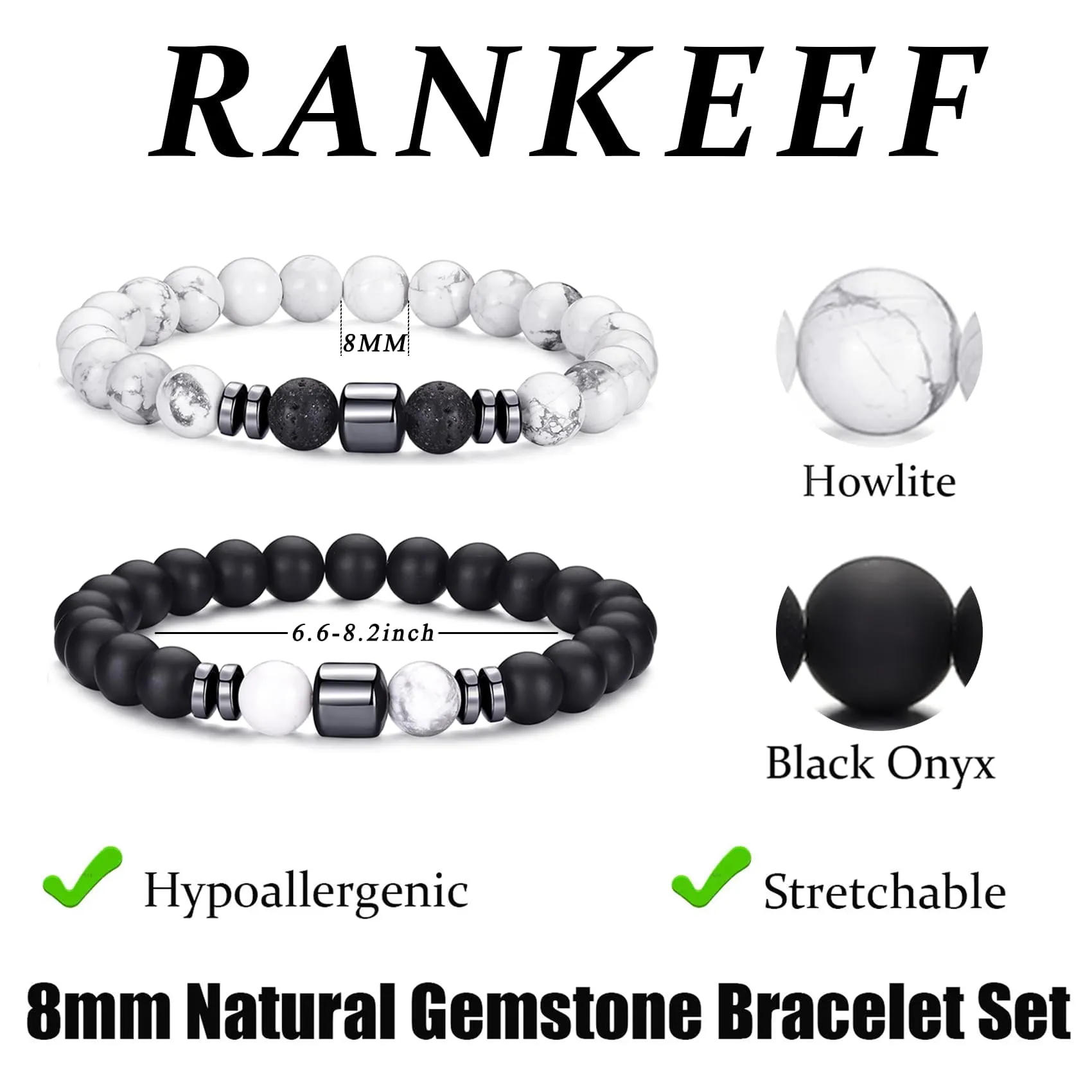 RANKEEF Set di Bracciali con Perline in Occhio di Tigre, Agata Nera e Roccia Lavica da Uomo - immagine 3