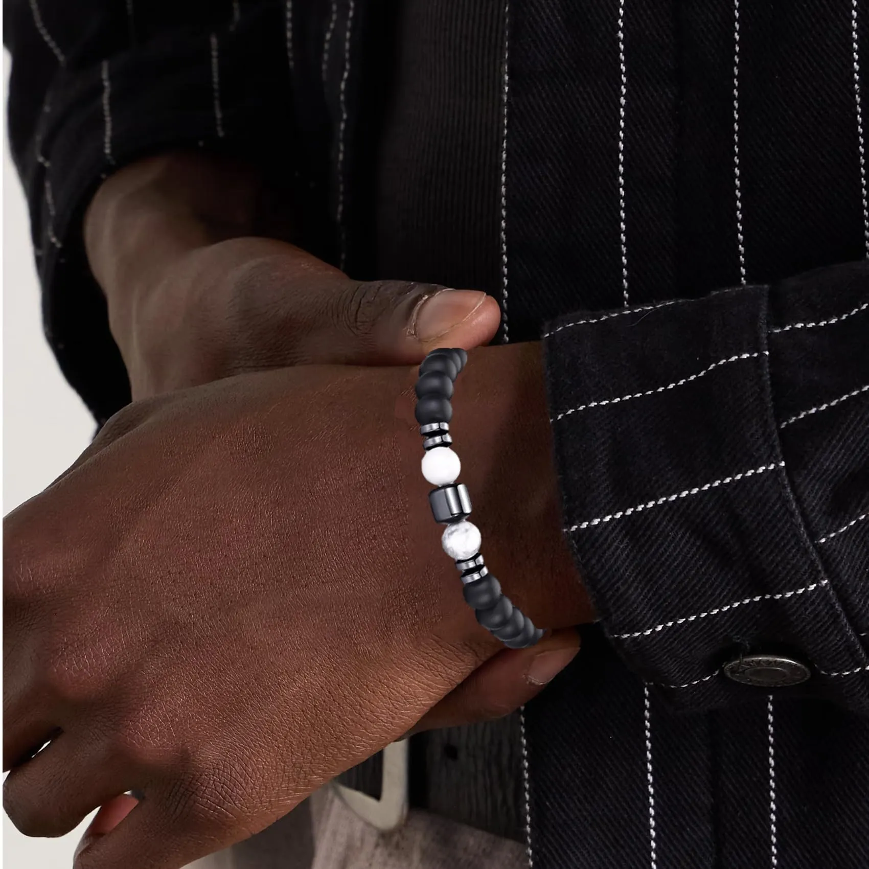RANKEEF Set di Bracciali con Perline in Occhio di Tigre, Agata Nera e Roccia Lavica da Uomo - immagine 4