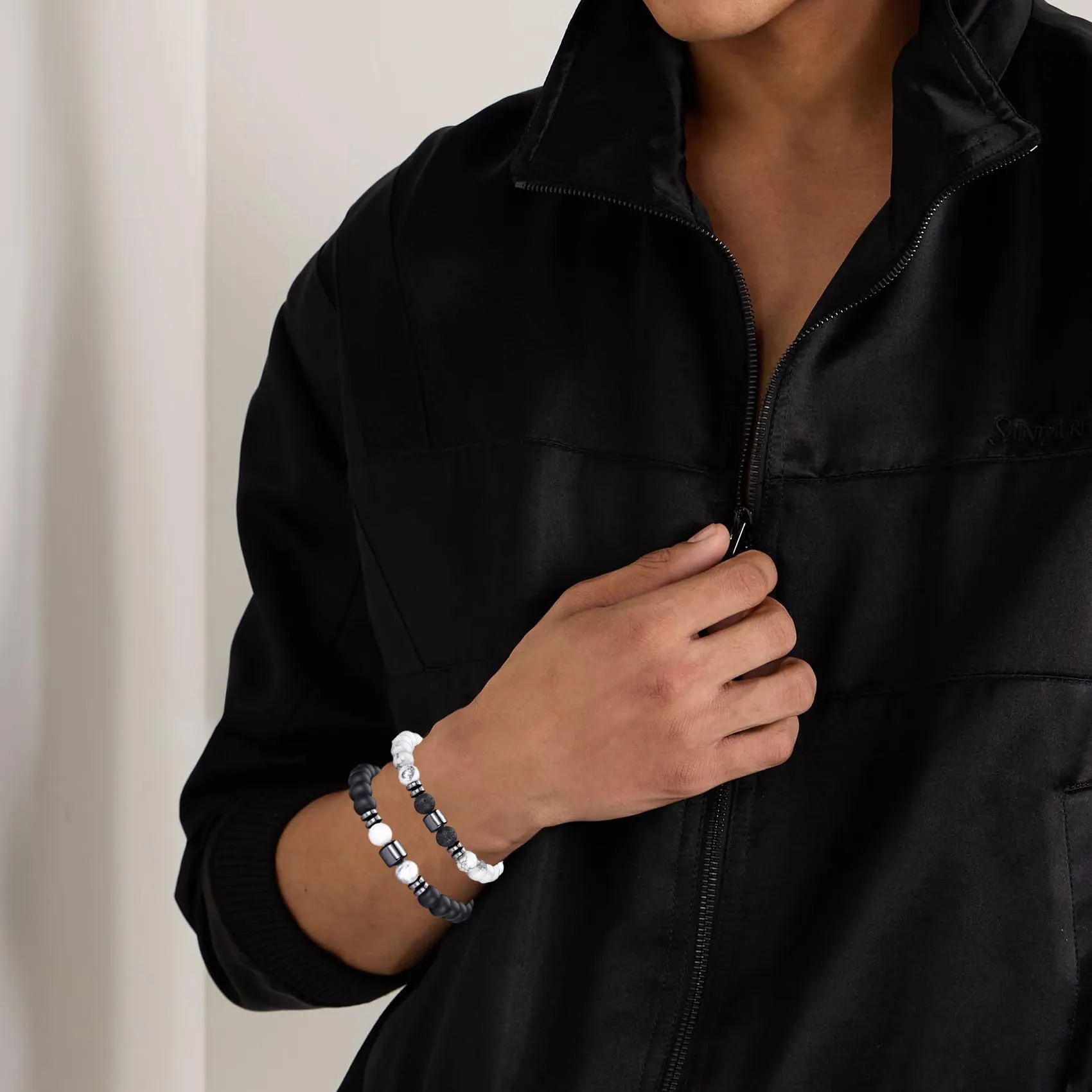RANKEEF Set di Bracciali con Perline in Occhio di Tigre, Agata Nera e Roccia Lavica da Uomo - immagine 5