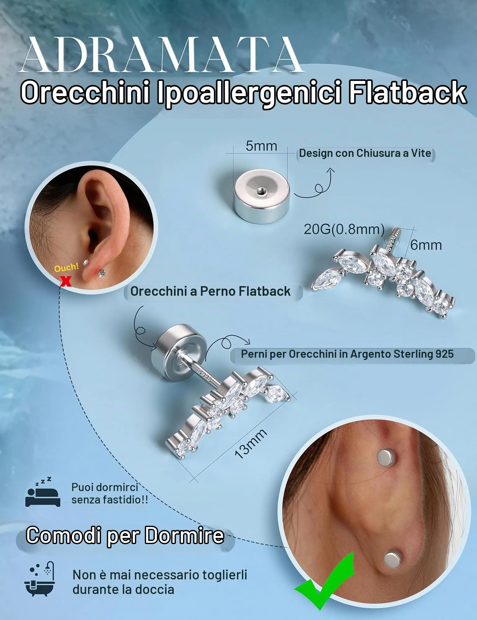 Adramata Orecchini in Argento 925 per Donna, Piercing Helix - immagine 3