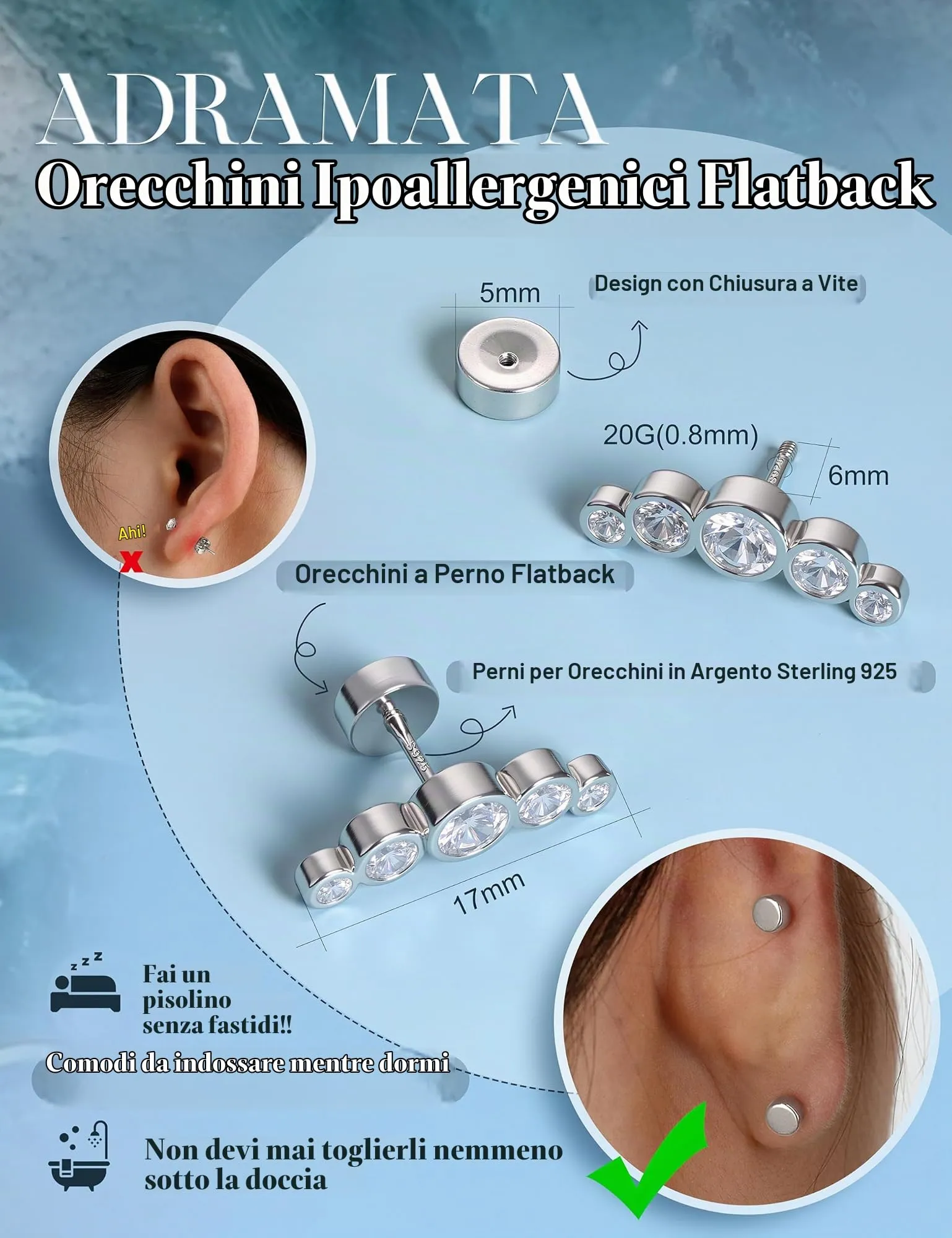 Adramata Orecchini in Argento 925 per Donna, Piercing Helix - immagine 3