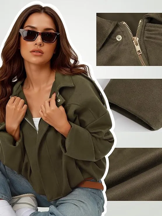 WZMYDBD Giacca Bomber Donna in Pelle Scamosciata con Risvolto e Zip - immagine 6