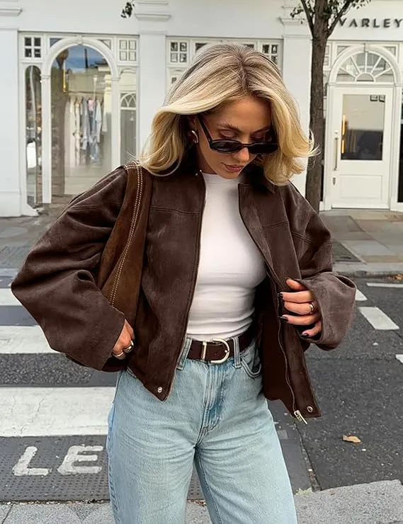 WZMYDBD Giacca Bomber Donna in Pelle Scamosciata con Risvolto e Zip - immagine 2