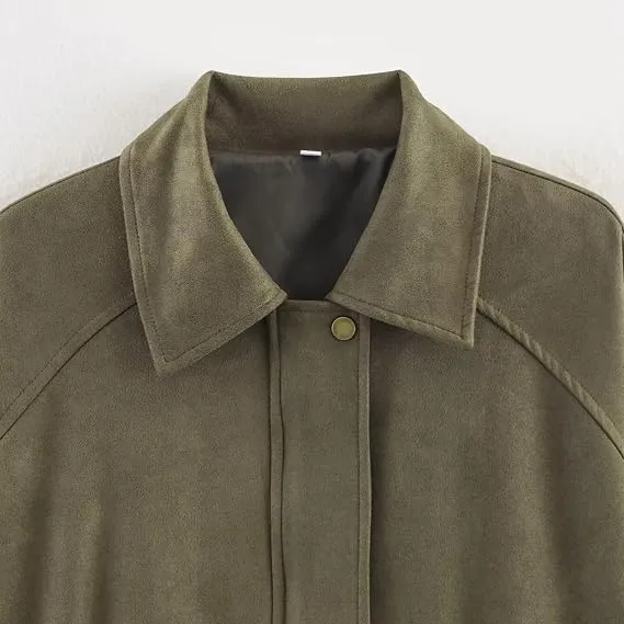 WZMYDBD Giacca Bomber Corta da Donna in Finta Pelle Scamosciata con Risvolto e Zip - immagine 3