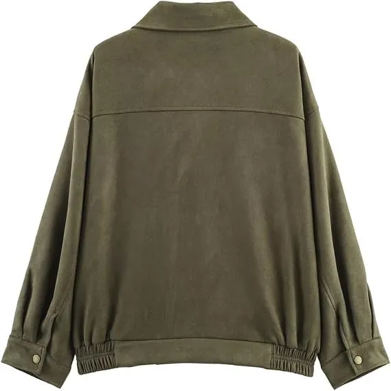 WZMYDBD Giacca Bomber Corta da Donna in Finta Pelle Scamosciata con Risvolto e Zip - immagine 7