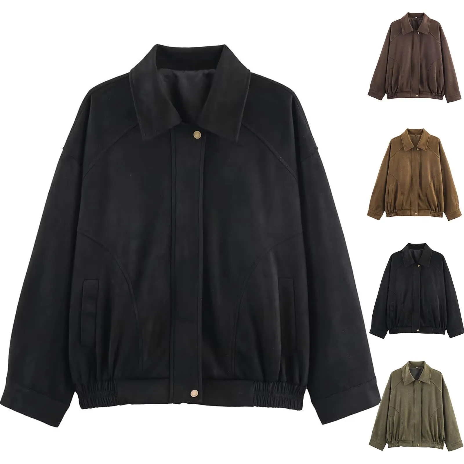 WZMYDBD Giacca Bomber Donna in Pelle Scamosciata con Risvolto e Zip - immagine 1