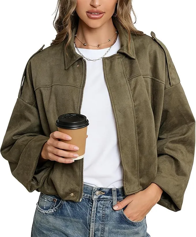 WZMYDBD Giacca Bomber in Pelle Scamosciata da Donna, Corta, Oversize - immagine 2