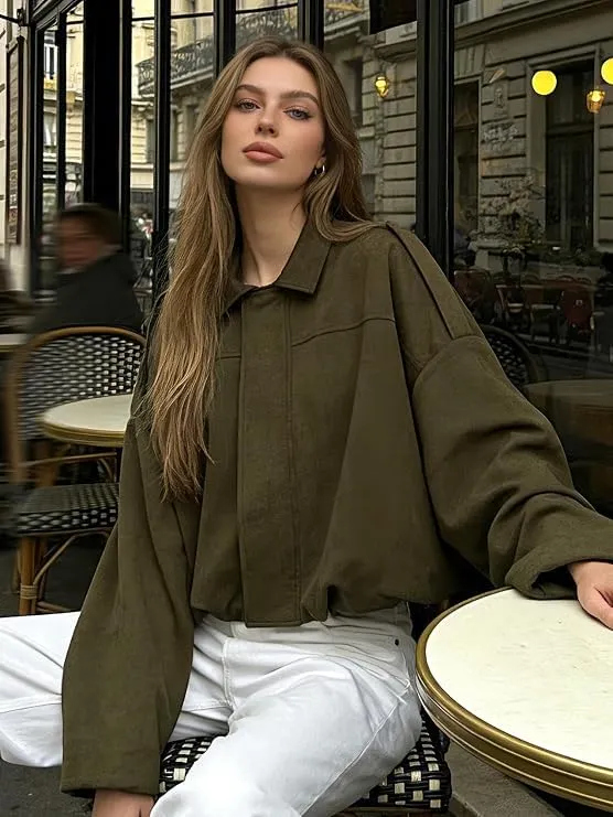 WZMYDBD Giacca Bomber in Pelle Scamosciata da Donna, Corta, Oversize - immagine 7