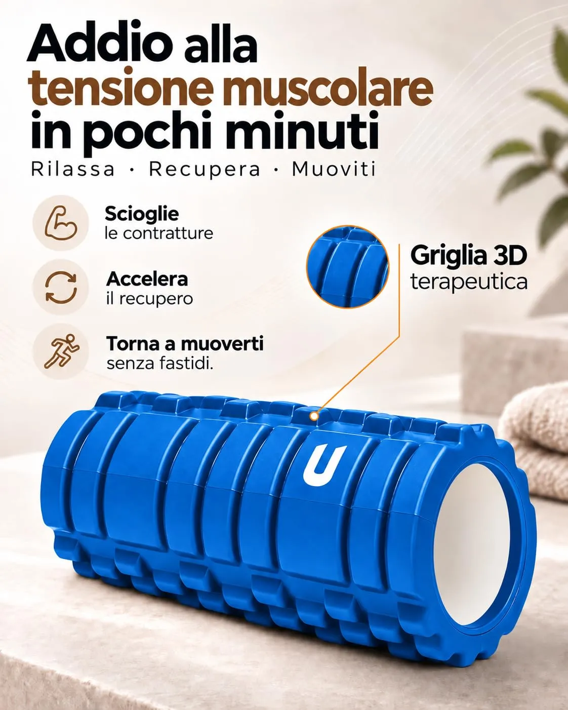 unycos Foam Roller, EVA Dura 33x14 cm, Blu - immagine 2