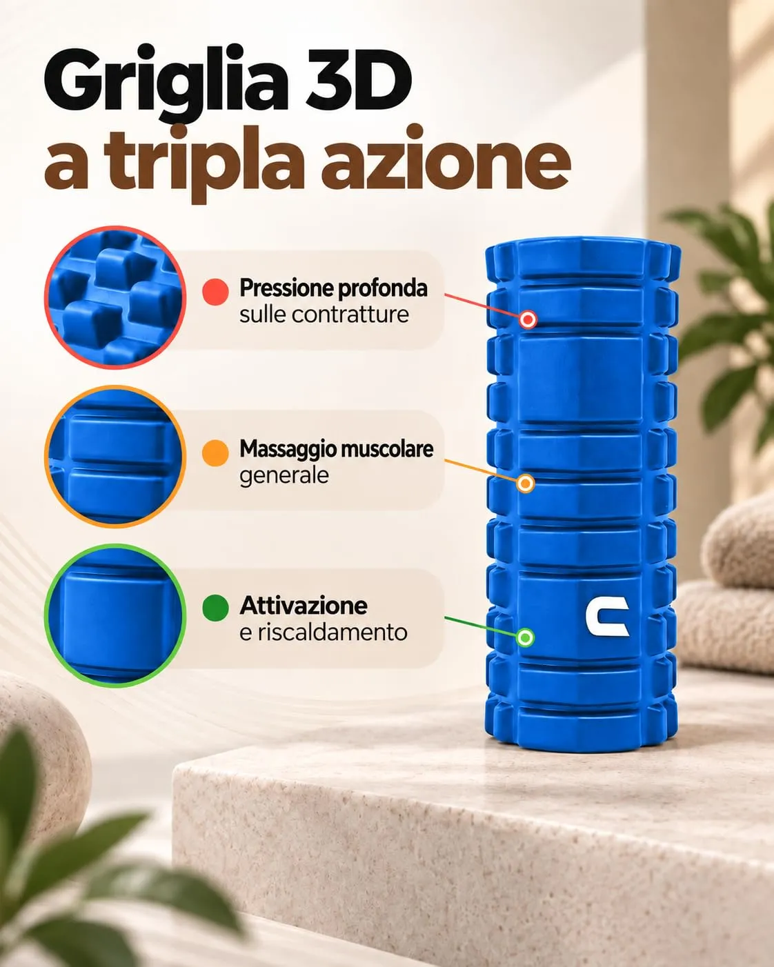 unycos Foam Roller, EVA Dura 33x14 cm, Blu - immagine 3
