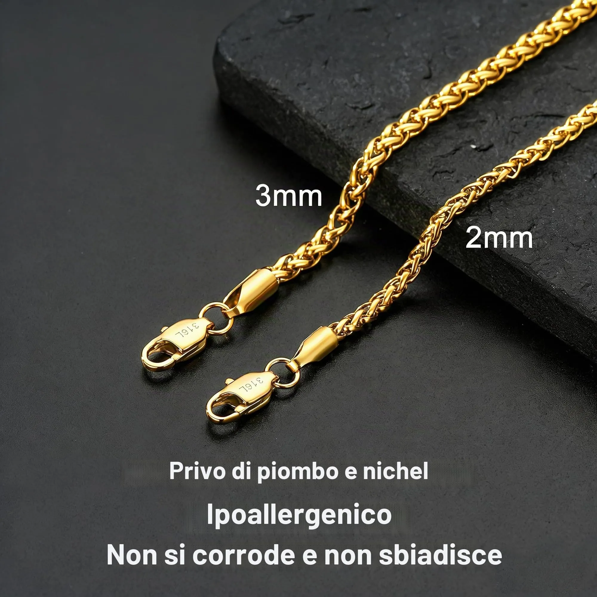 Esmoly Cuban Chain Necklace for Men, Stainless Steel, Gold, 3mm/24 inches - immagine 4