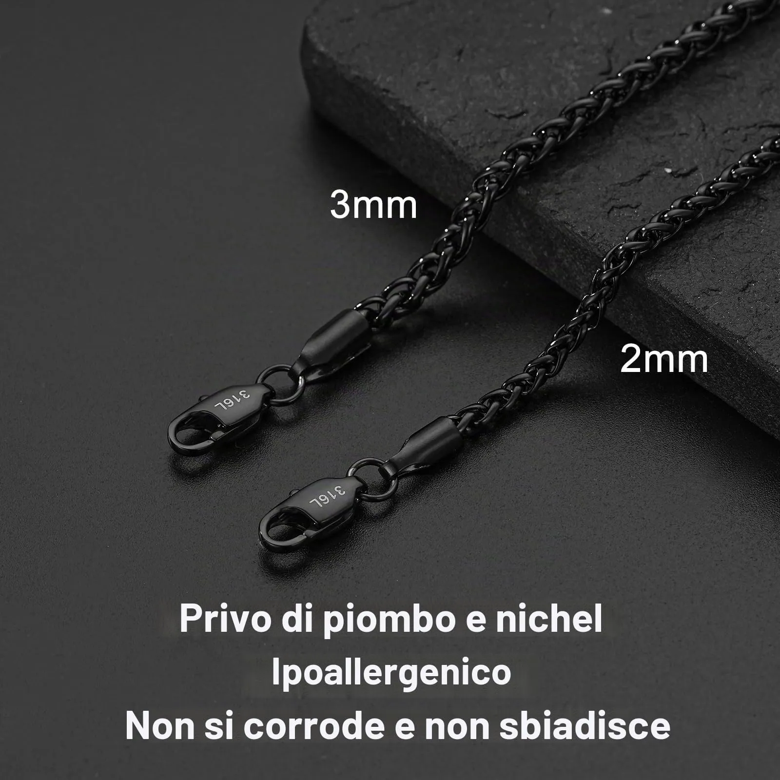 Esmoly Cuban Chain Necklace for Men, Stainless Steel (Black, 3mm/24inches) - immagine 4