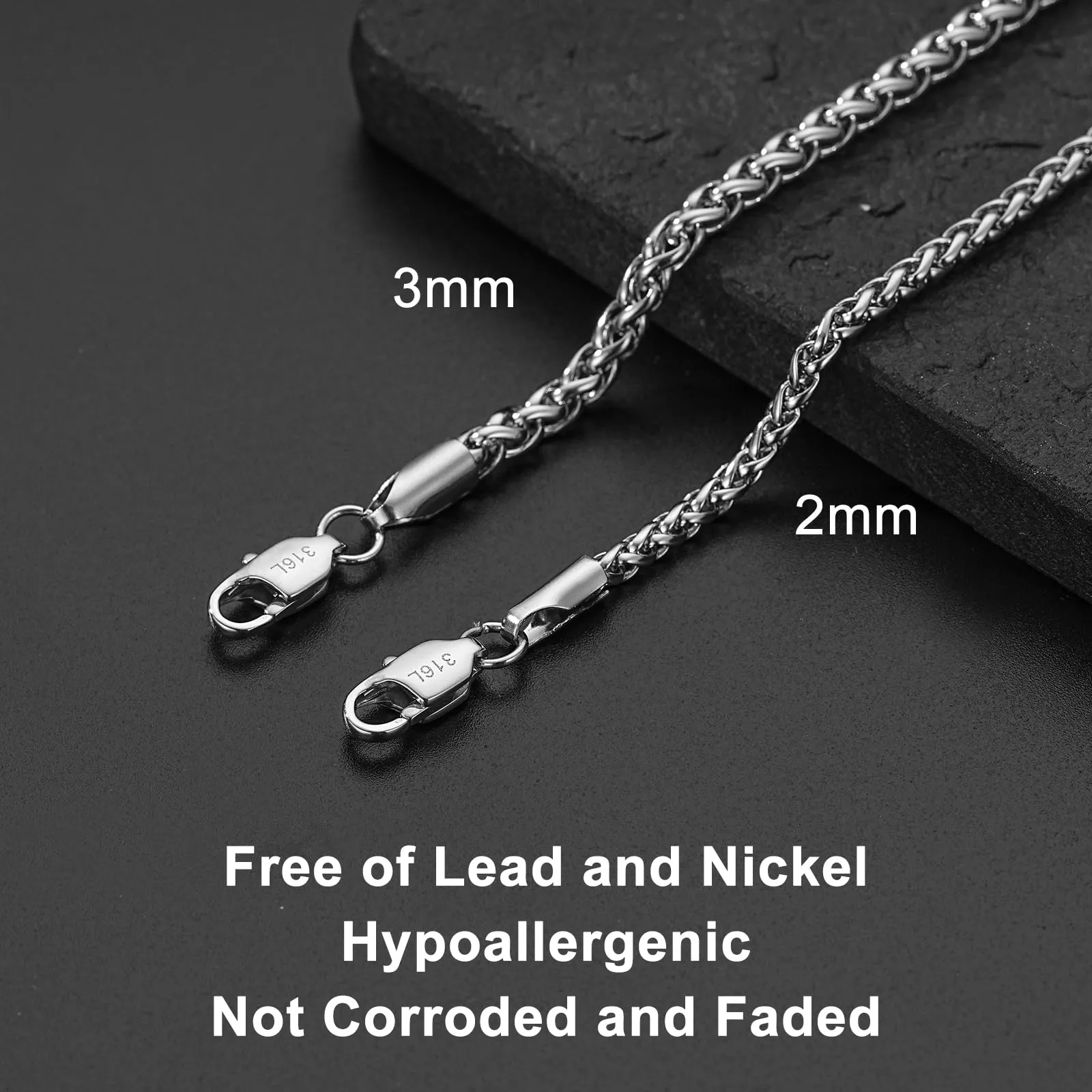 Esmoly Men's Cuban Chain Necklace in Stainless Steel (Silver, 3mm/18inches) - immagine 4