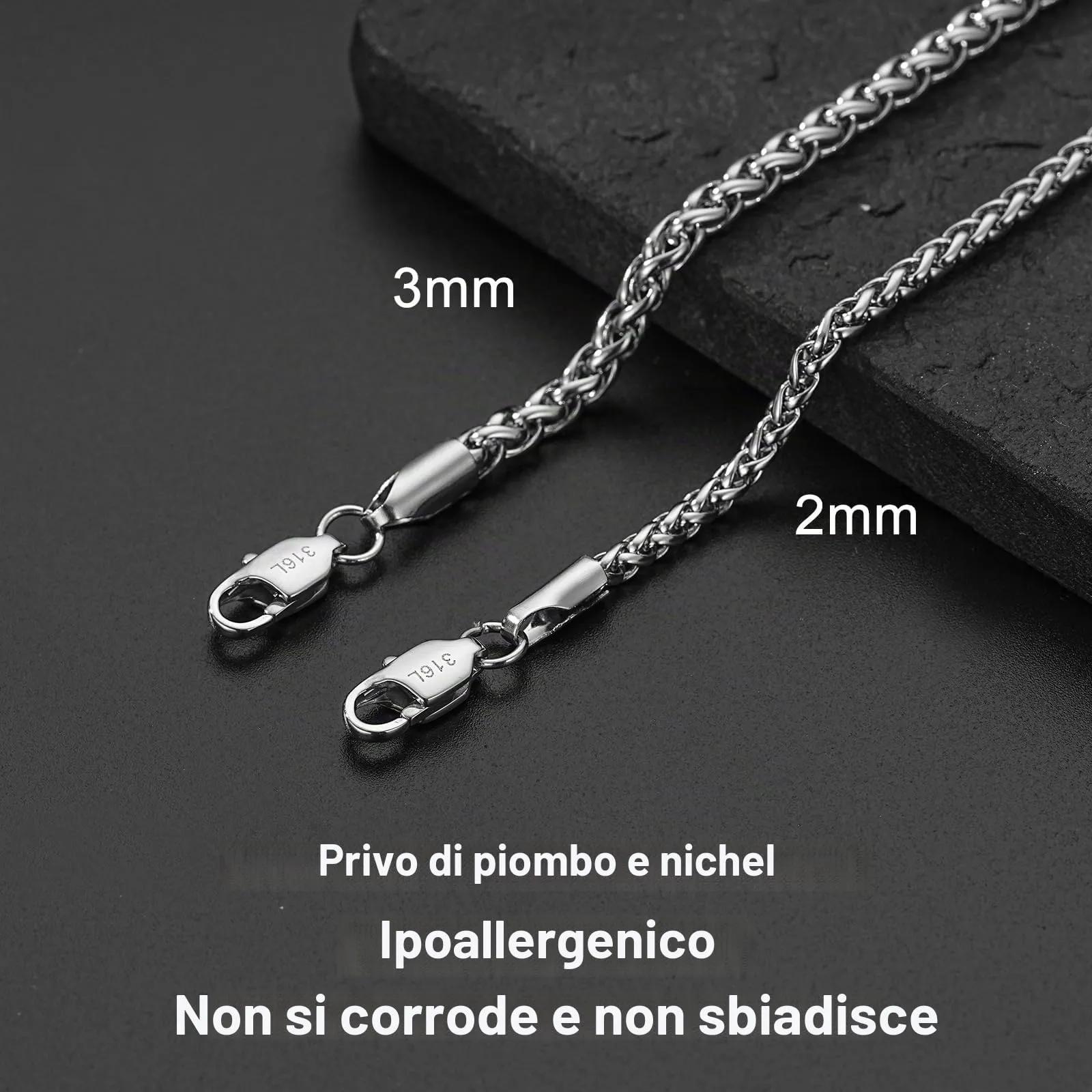 Esmoly Cuban Chain Necklace for Men, Stainless Steel (Argento, 2mm/18inches) - immagine 4