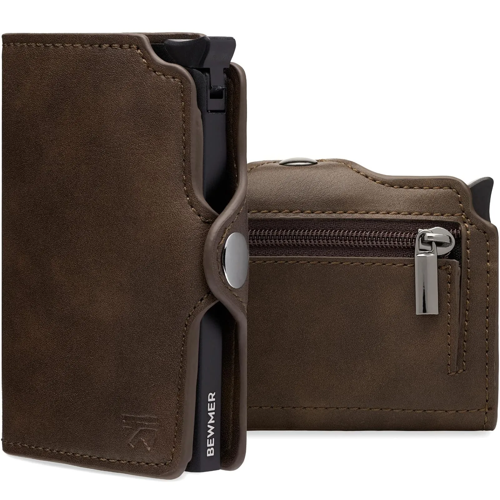 BEWMER Porta Carte di Credito 1 ZIP Schermato con RFID Protection e Fermasoldi in Carbon Fiber - Marrone - immagine 1