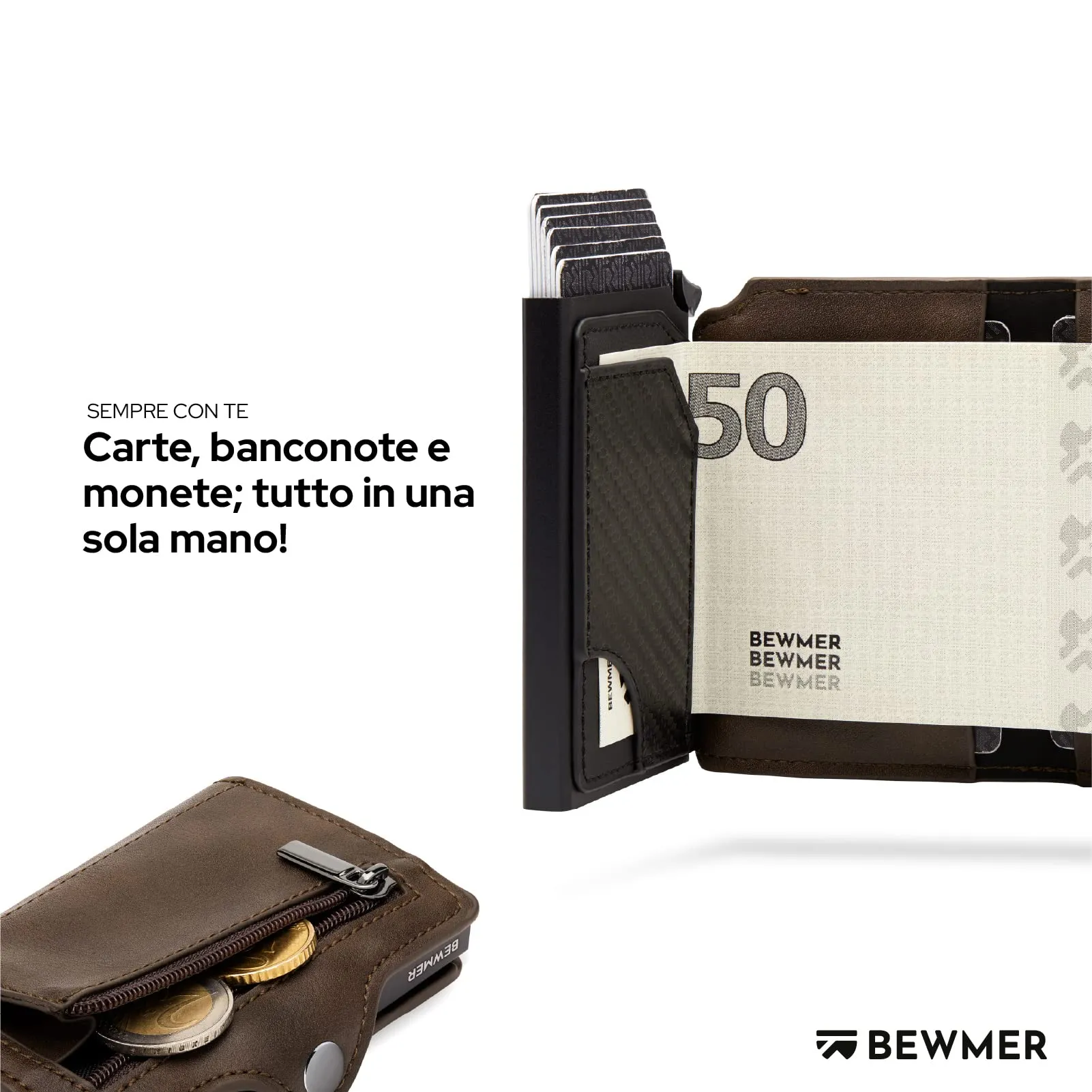 BEWMER Porta Carte di Credito 1 ZIP Schermato con RFID Protection e Fermasoldi in Carbon Fiber - Marrone - immagine 3