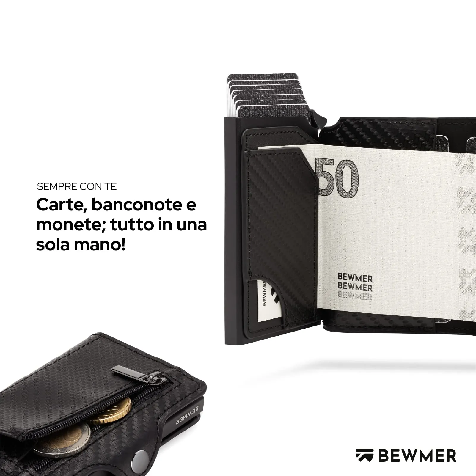 BEWMER Portafoglio Slim con Zip, Porta Carte di Credito e Documenti con Protezione RFID e Fermasoldi in Carbon Fiber, Nero Carbon - immagine 3