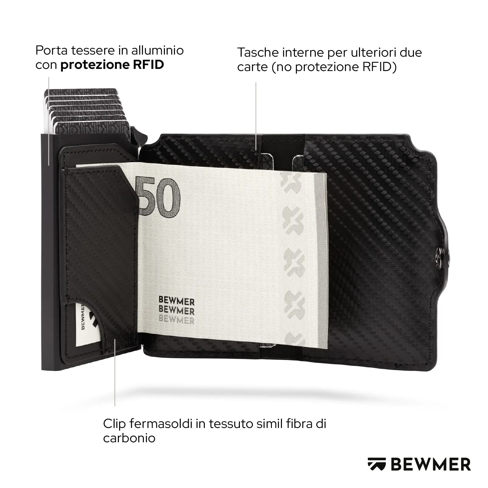 BEWMER Portafoglio Slim con Zip, Porta Carte di Credito e Documenti con Protezione RFID e Fermasoldi in Carbon Fiber, Nero Carbon - immagine 4